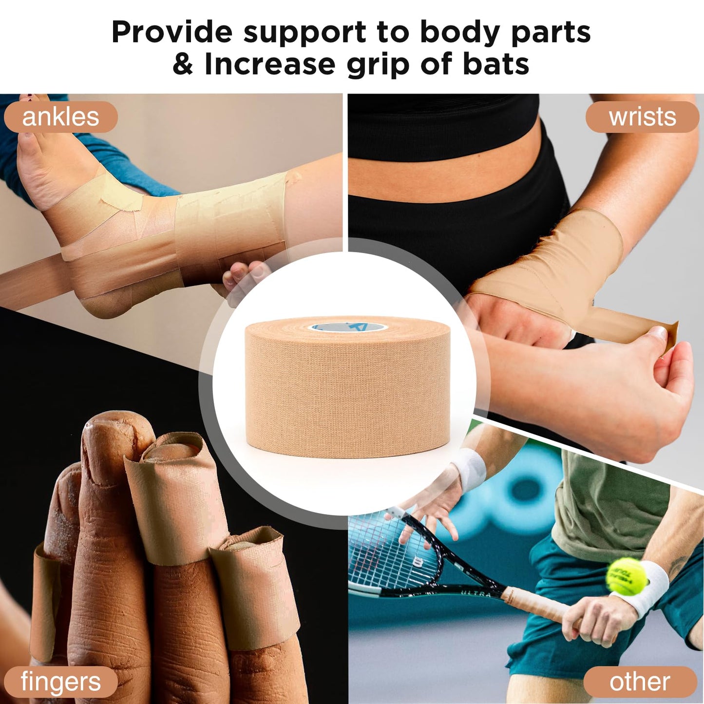 OK TAPE 4 Rolls Athletic Tape, Sports Tape for Injuries, Rigid, Easy Tear Medical Tape, Wrist Tape, No Sticky Residue | Secure Ankle, Finger, Knee- 1.5inch x 15yards (Beige)