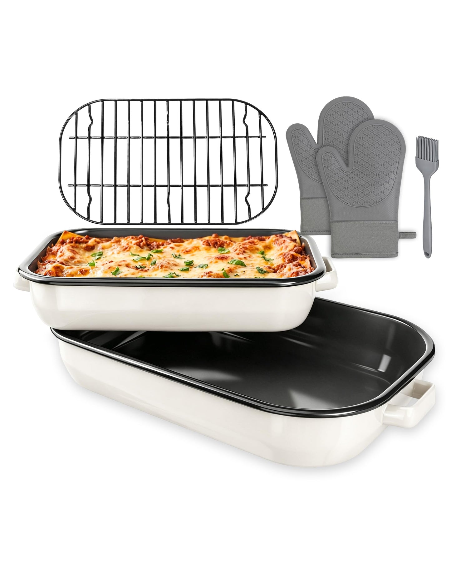 MCCSI Casserole Dishes for Oven Lasagna Pan 6-Pack Baking Set with Handle & Rack 14&17 Inch Large Enamel Cookware, High Temperature Resistance Dishwasher Safe Non-Stick Mother's Wedding Gift Bakeware