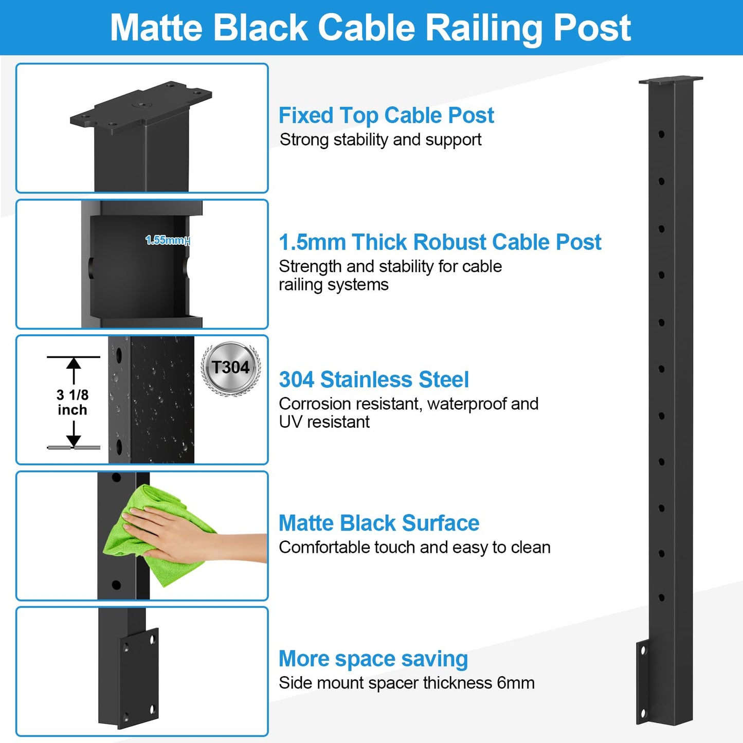 RailinGo 36" Side Mount Cable Railing Post Kits Include 2Pack Flat Top Level Drilled Cable Posts, 150FT Wire Rope, Black Fascia Mount Cable Railing System, 1/8" Stainless Steel Wire Railing Kits, RG71