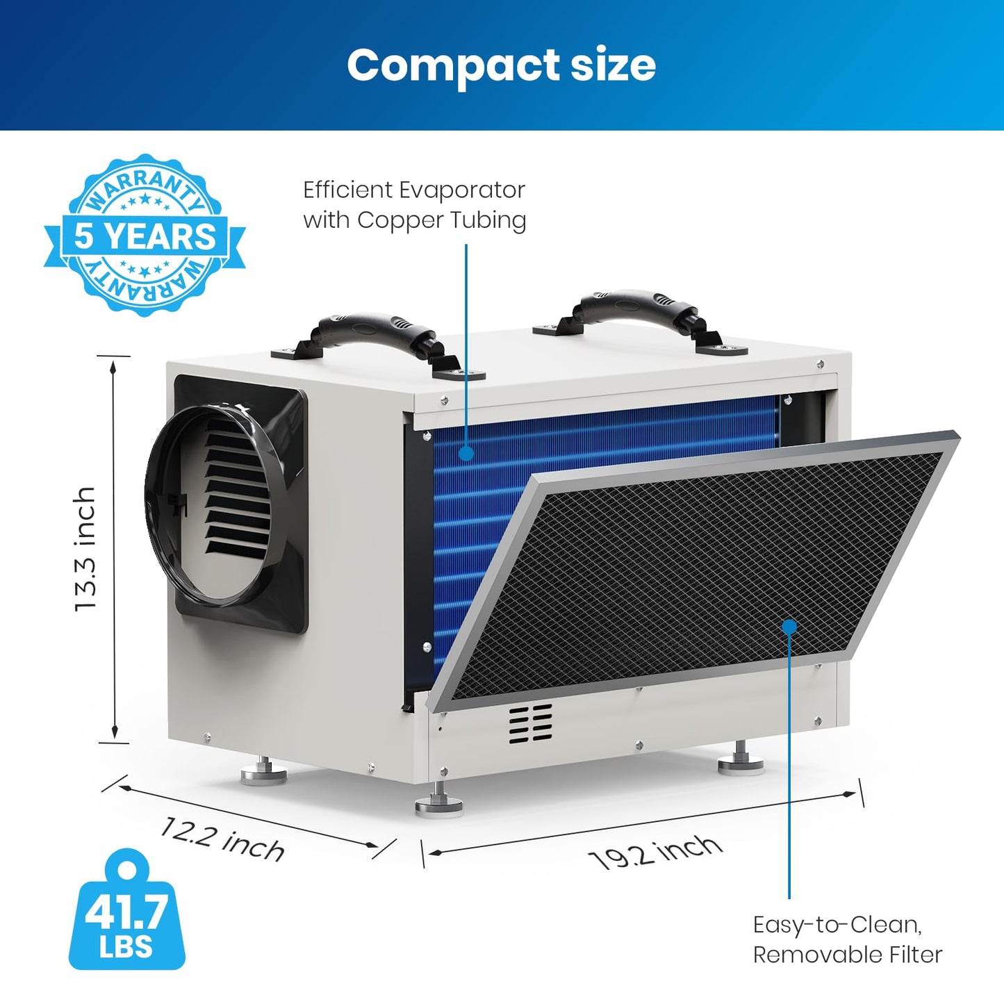 BaseAire Crawlspace Dehumidifier,113 Pints Commercial Dehumidifiers with Drain Hose for Whole House Basement, Industry, Compact, Auto Defrost, Memory Starting, Up to 1200 Sq Ft