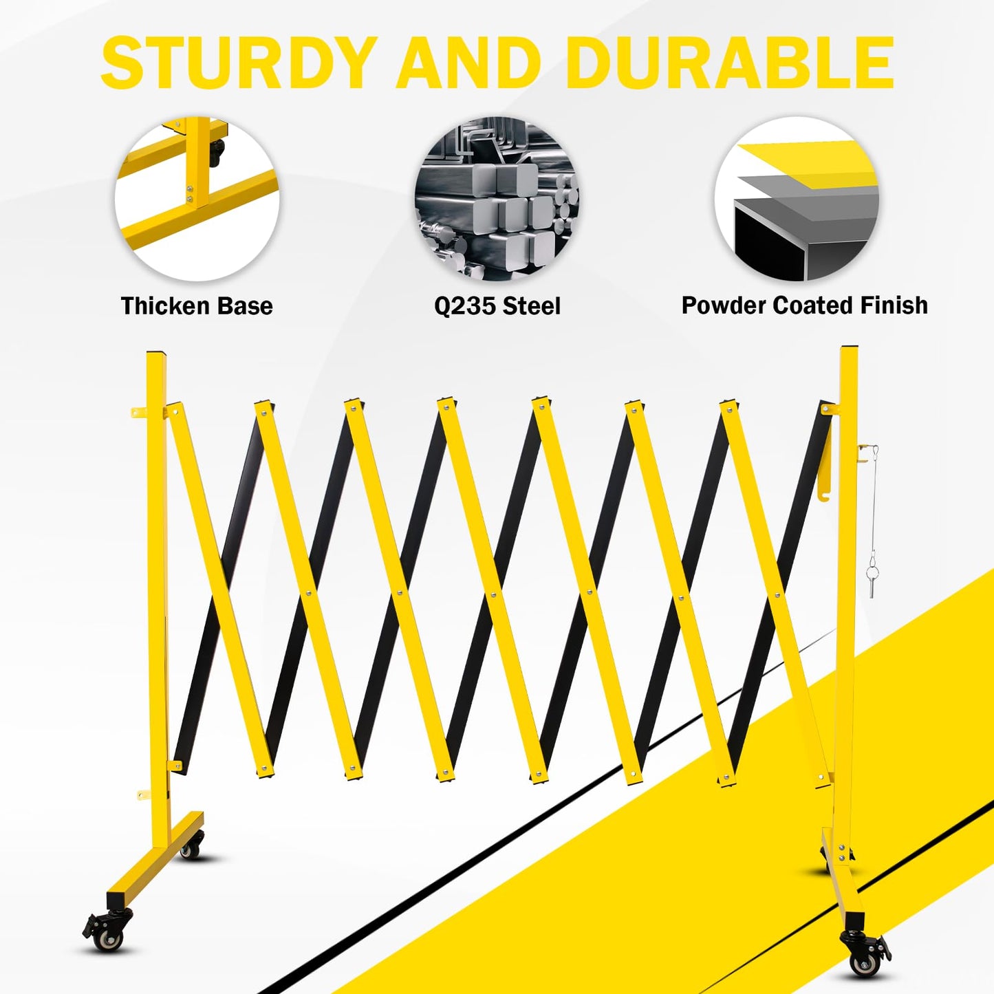 Bstyjqxh 11FT Traffic Barricade with Casters, Metal Expandable Barricade, Folding Security Gate, Retractable Fence Outdoor Barricade Fence for Construction Area, Traffic Control, Yellow