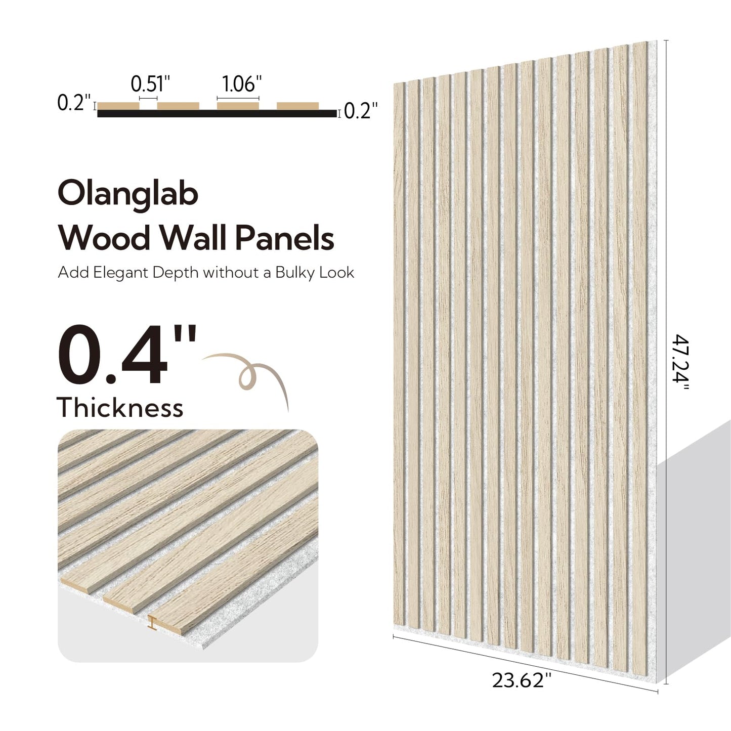 Olanglab Wood Slat Wall Panels 4 Pack, Acoustic Wall Panels, 47.24'' x 23.62" Each 3D Wall Panels for Interior Wall Decor (Light Oak-Grey Felt)