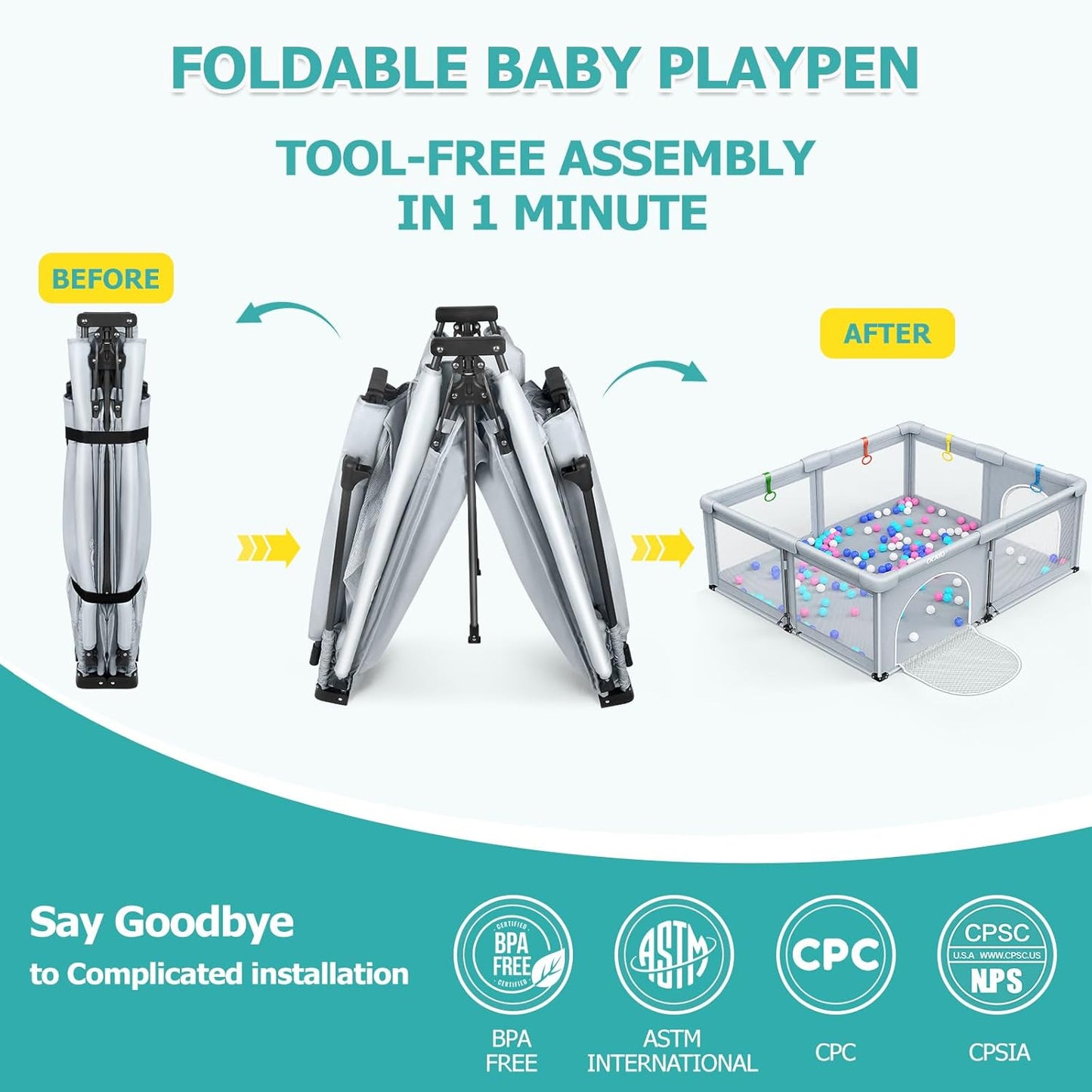 Skiennix Baby Playpen - Foldable Large Portable Safety Area for Toddlers | Indoor/Outdoor (71" × 59")