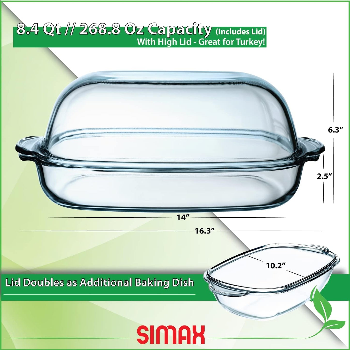 Simax Casserole Dish - 8 Quart Borosilicate Glass Baking Dish With High Lid | Oven, Microwave & Dishwasher Safe