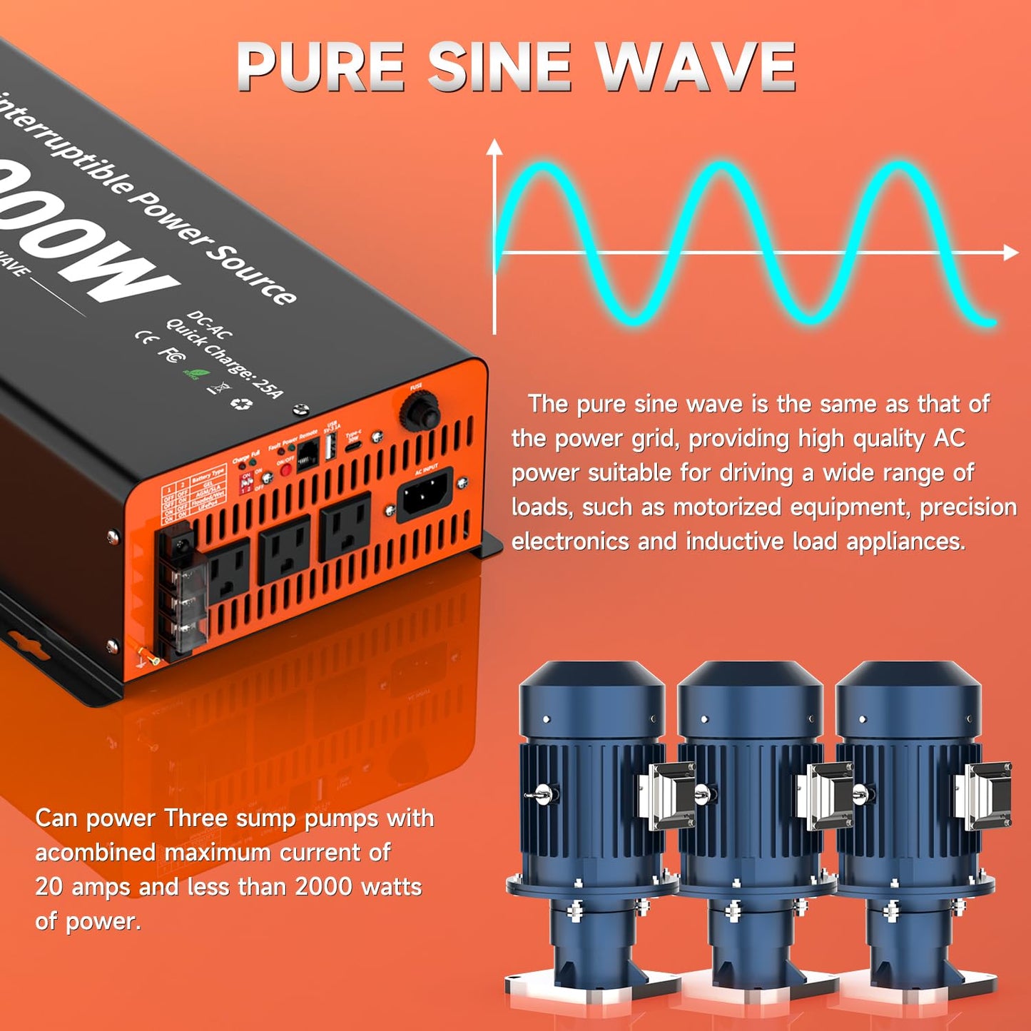 2000 Watt Sump Pump Battery Backup System, Pure Sine Wave Output, Professional Backup System in The Event of a Power Outage, Remote Controller with LCD Screen, Automatic Grid and Battery Switchover