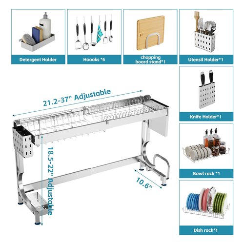 MINGLING Over Sink Dish Drying Rack Kitchen Dish Rack Over Sink Height & Width Adjustable Large Over Sink Dish Drainer Rack Full Stainless Steel (W21.2-37"~ H18.5-22" Silver)