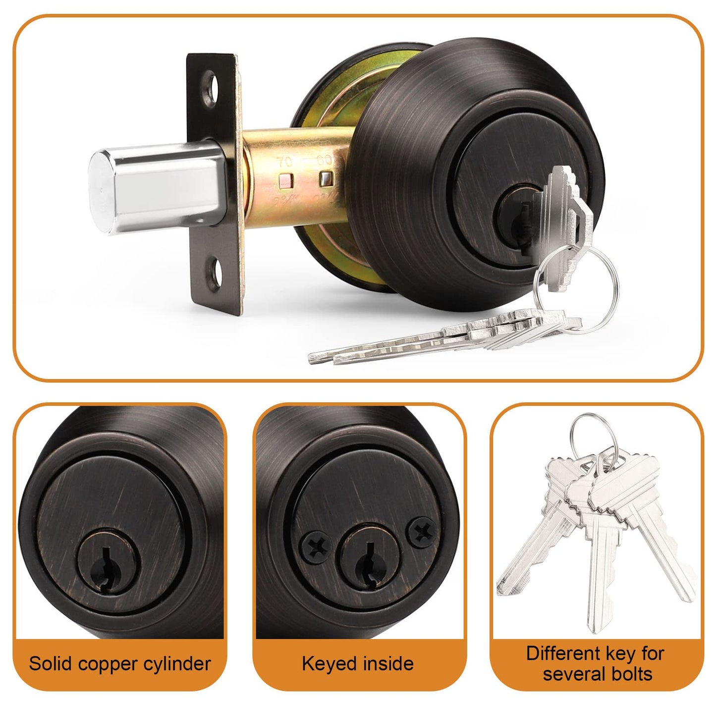 Probrico Oil Rubbed Bronze Round Double Cylinder Deadbolt Lock, Keyed Both Side Door Lock, Keyed Alike Combo 4 Pack