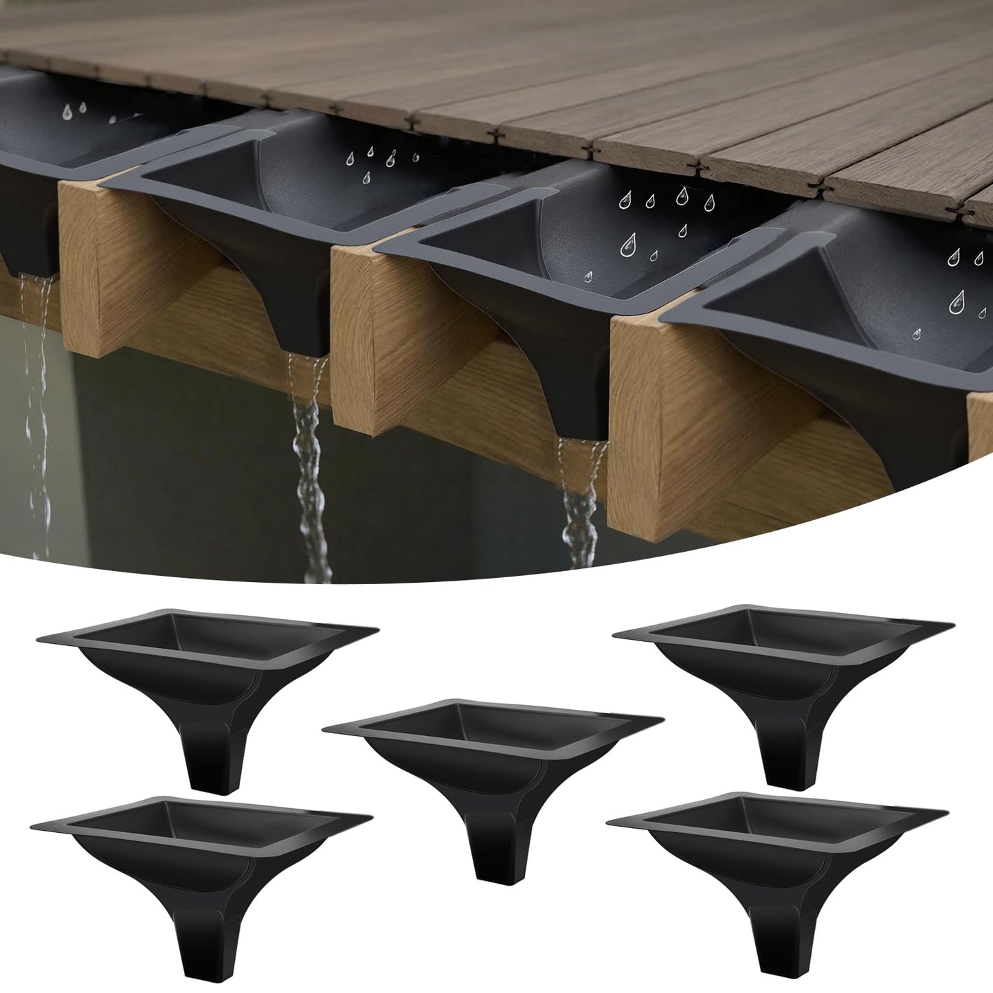 RAINEVADER Downspout Gutter Funnel for Under Deck Drainage System - 5 Pack Black PE for 12” & 16” Joist Spacing, Pre-Marked Cut Lines for Easy Installation & Joist Rot Protection