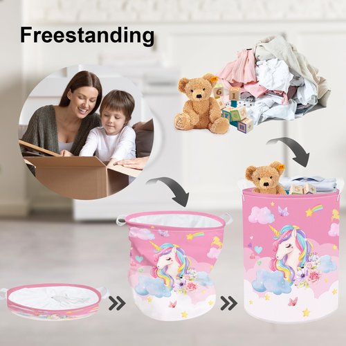 Clastyle 63L Unicorn Rainbow Collapsible Laundry Basket Large Pink Dirty Clothes Hamper for Girl Moon Star Flower Toy Storage Basket with Lid, 15.7x19.7 in
