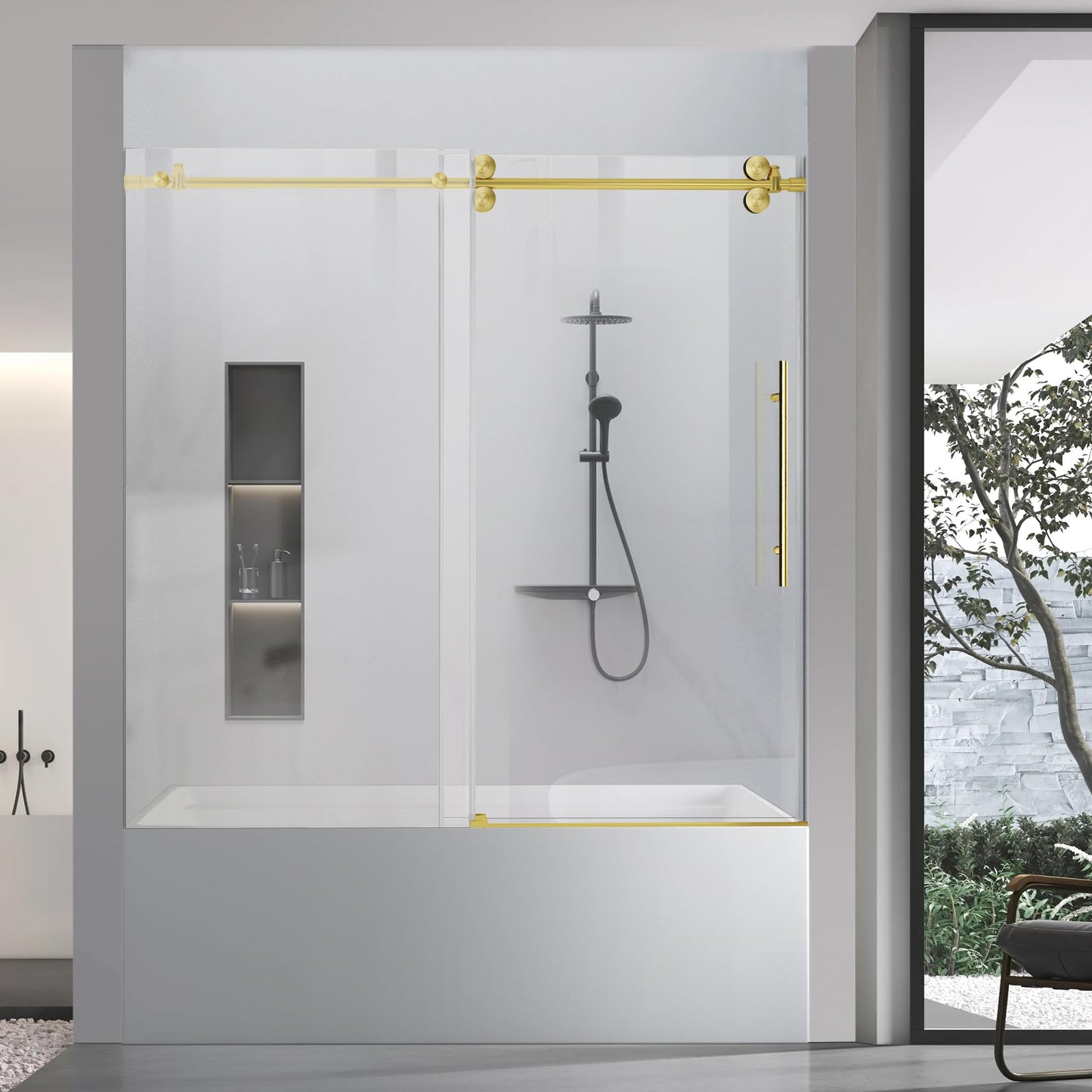 Bathroom Frameless Sliding Rectangle Shower Door, 56"-60"*60" H-Type Shower Door with 5/16" Clear Tempered Glass and Brushed Gold Stainless Steel Hardware with Reversible Handle