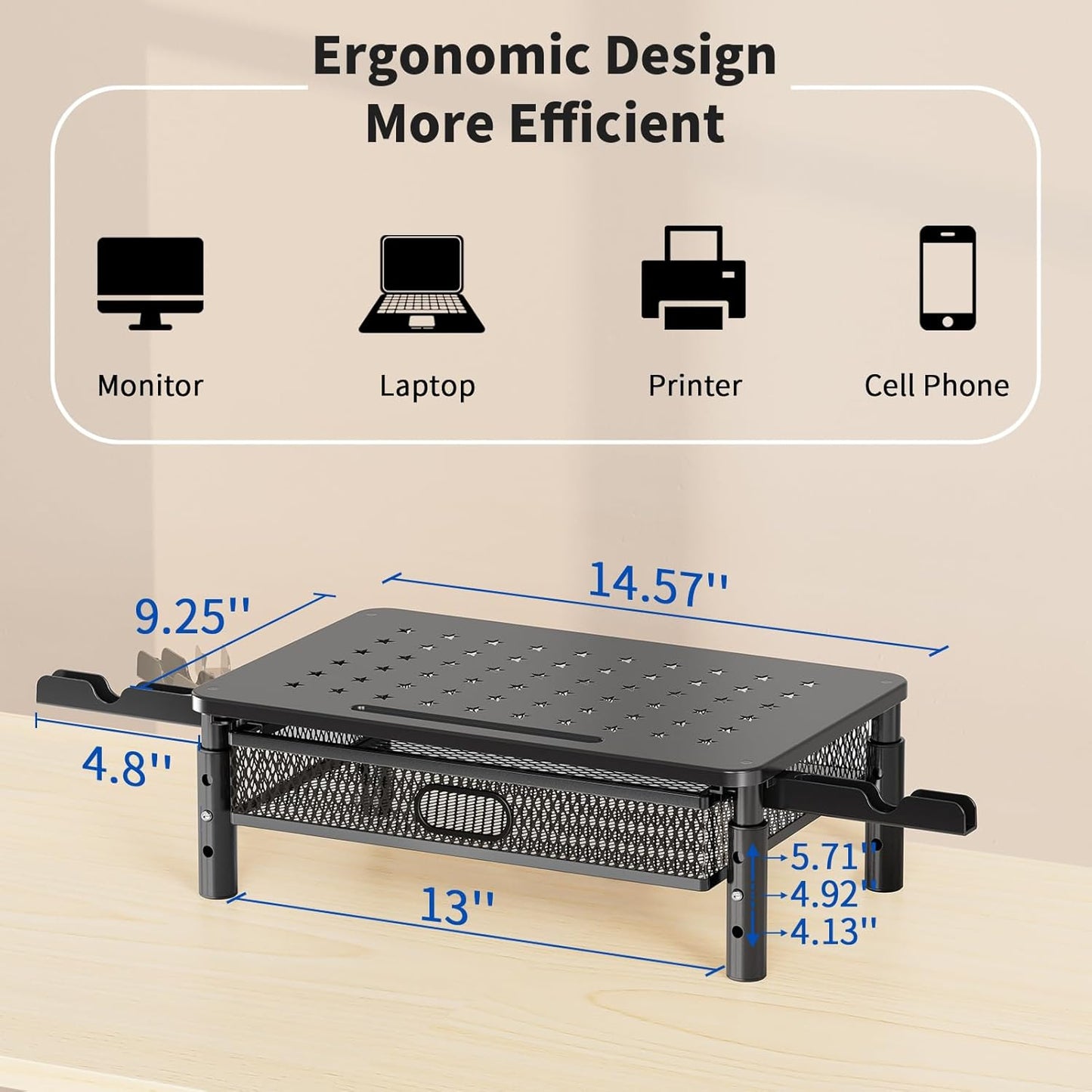 Zimilar Monitor Stand Riser with Metal Mesh Drawer, Height Adjustable with Phone Holder for Computer, Laptop, Printer