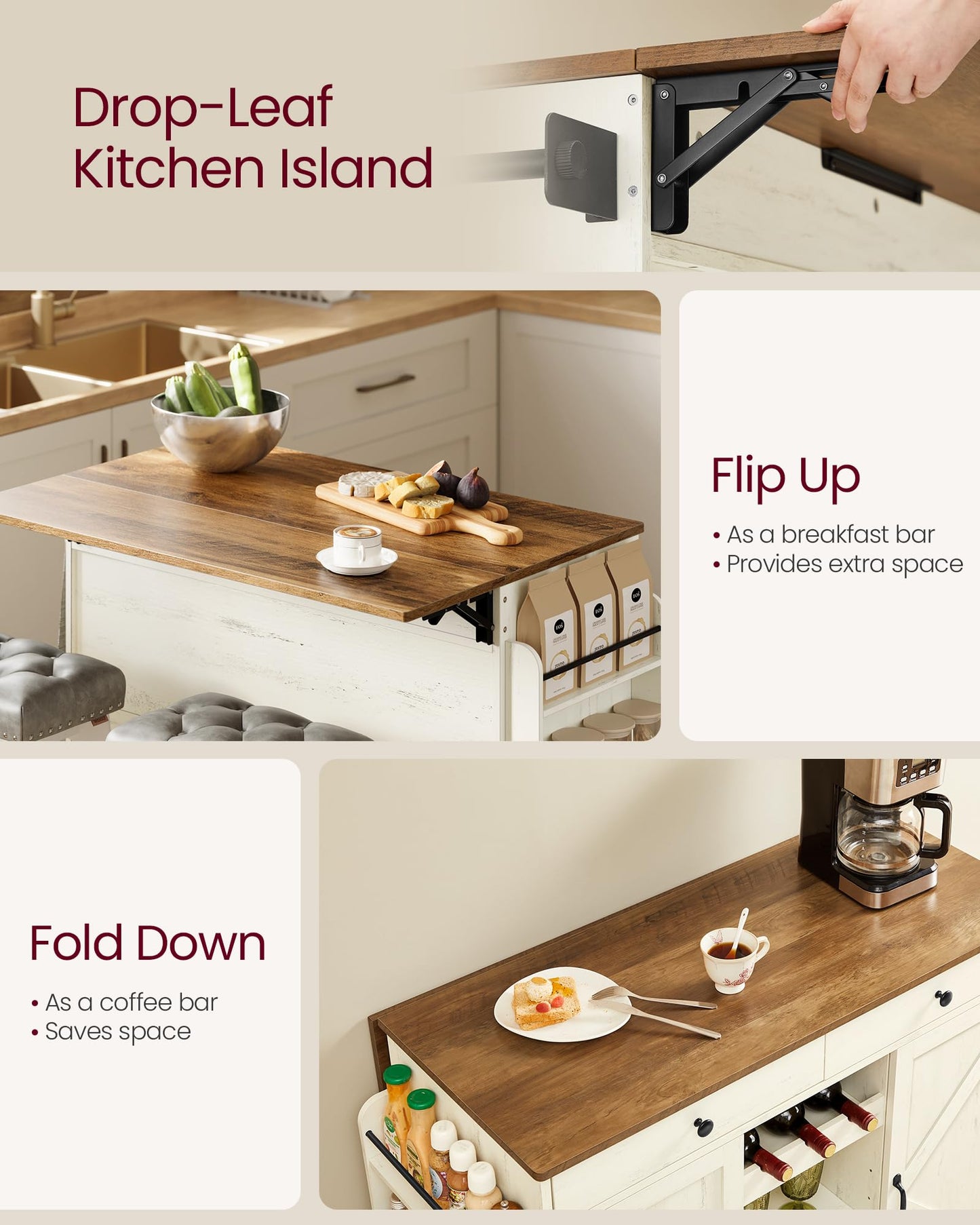 VASAGLE Mobile Kitchen Island with Drop Leaf, Portable Island with Spice Rack, Mobile Cart with Storage Cabinet, 17.7-28.7 x 49.3 x 36 Inches, for Dining Room, Rustic White and Honey Brown UKKI012W01