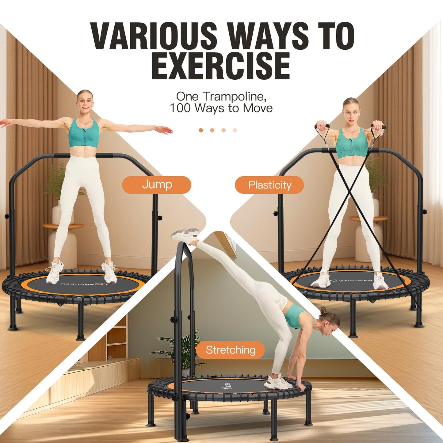 ANCHEER 48" Foldable Mini Trampolines - Max Load 350lbs - 450lbs Indoor Exercise Equipment - with 4 Level Adjustable Foam Handle and Resistance Bands - Adult Exercise Rebounder Trampolines for Home