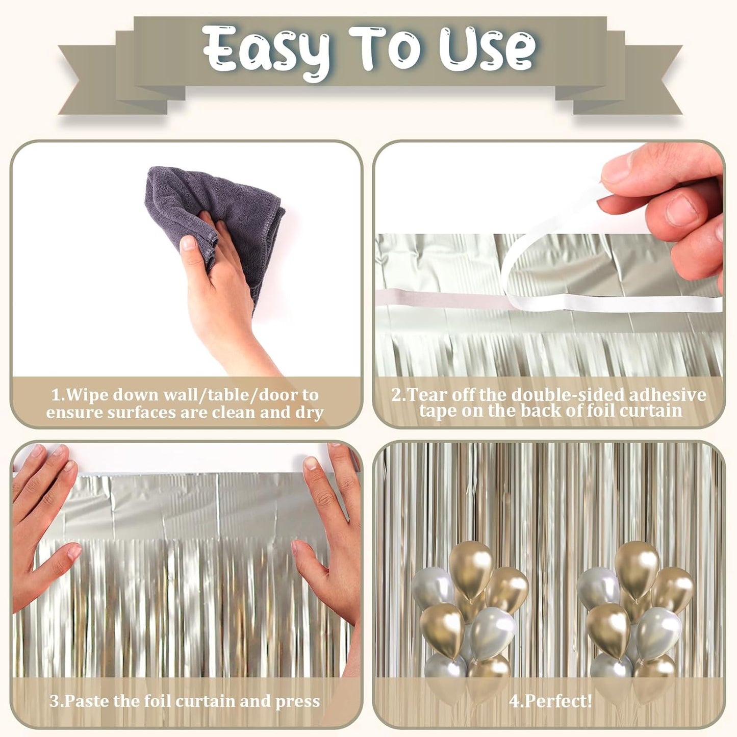 Voircoloria Matte Champagne Foil Fringe Backdrop Curtains - 3 Pack of 3.3 x 8.2 ft Tinsel Streamers for Parties