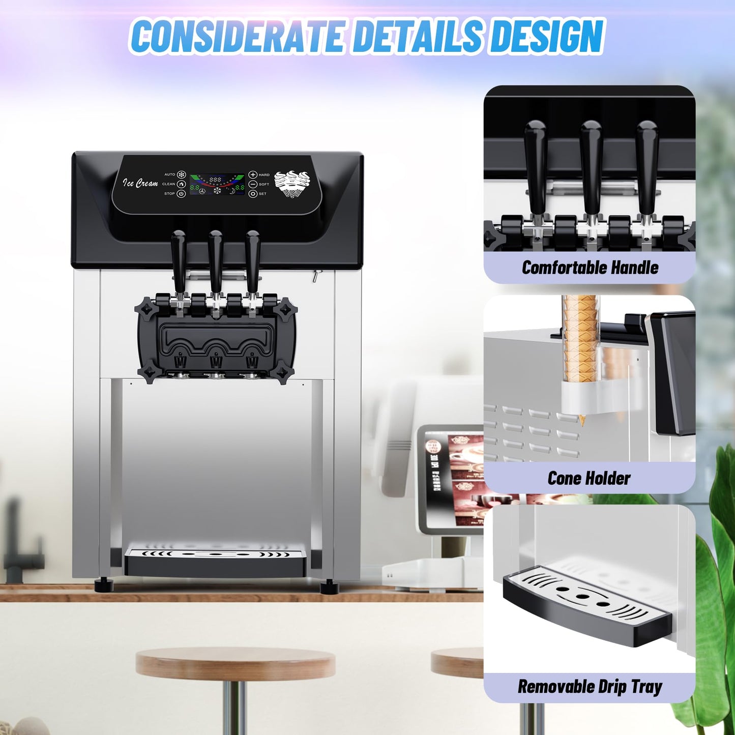 2200W 2+1 Flavor Commercial Soft Ice Cream Maker Machine, 5.8-8 Gal/Hr Countertop Soft Serve Machine with LCD Display, Auto Clean High Productivity for Restaurant