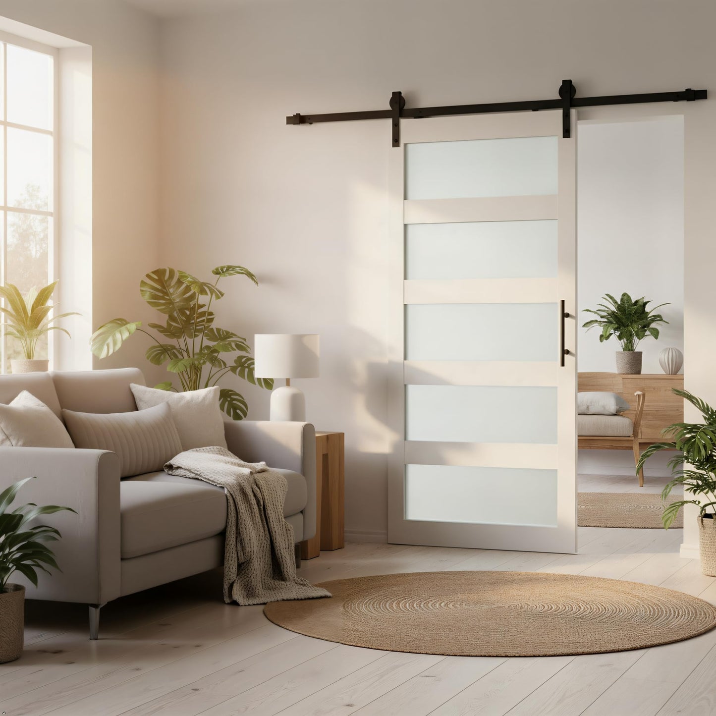 Sliding Barn Door, 36" x 84" 5-Lite Frosted Glass Door with 6FT Hardware Kit Included & Handle,Solid Wood Covered with Waterproof PVC Surface,Easy Install for Bathroom Kitchen