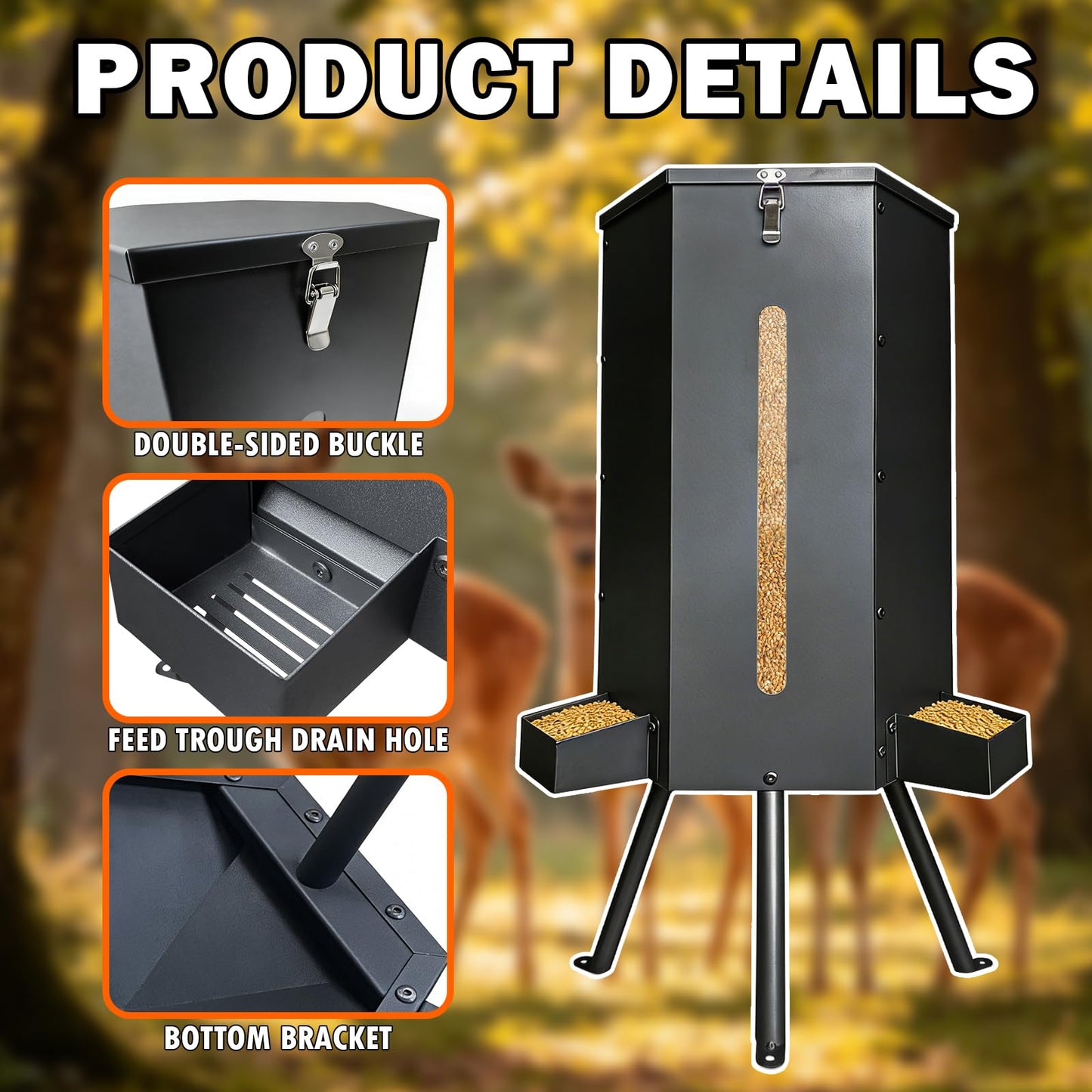 LAJIAOZ 80 lbs Galvanized Steel Gravity Deer Feeder - 14 Gallon Weatherproof Wildlife Game Feeder, 3-Leg Tripod Stand with 3 Feeding Trays, Metal Corn Dispenser for Goats, Turkeys, Livestock