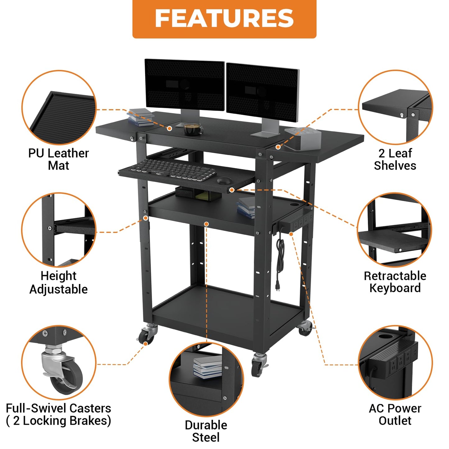 Mobile AV Cart with Pullout Keyboard Tray, Rolling Computer Cart Height Adjustable Rolling Media Utility Cart with 4 Wheels, 4 Outlets, Perfect for Home or Office Us