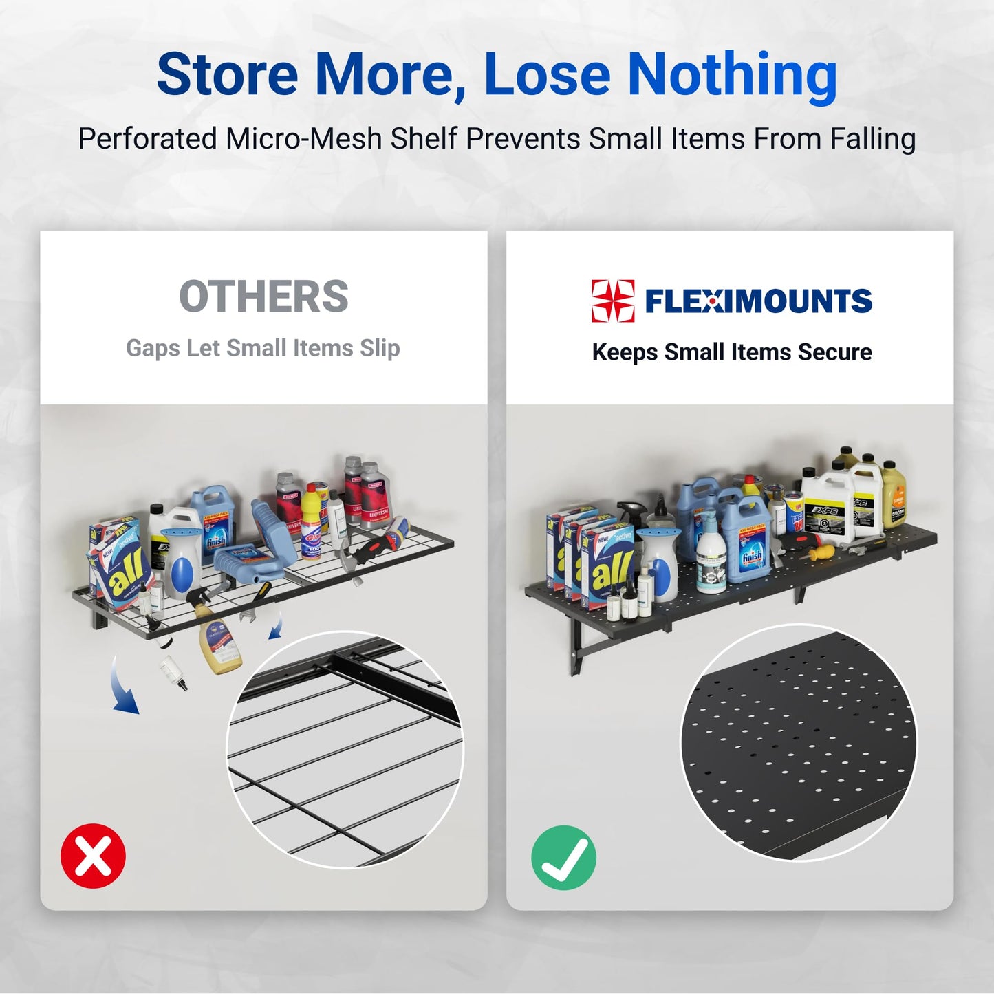 FLEXIMOUNTS 2-Pack 1x6ft Garage Shelving 14-inch-by-68-inch Perforated Wall Shelf, Heavy Duty Garage Storage Rack with 1400 lbs Load Capacity, Wall Mounted Organization System for Tools, Heavy Bins