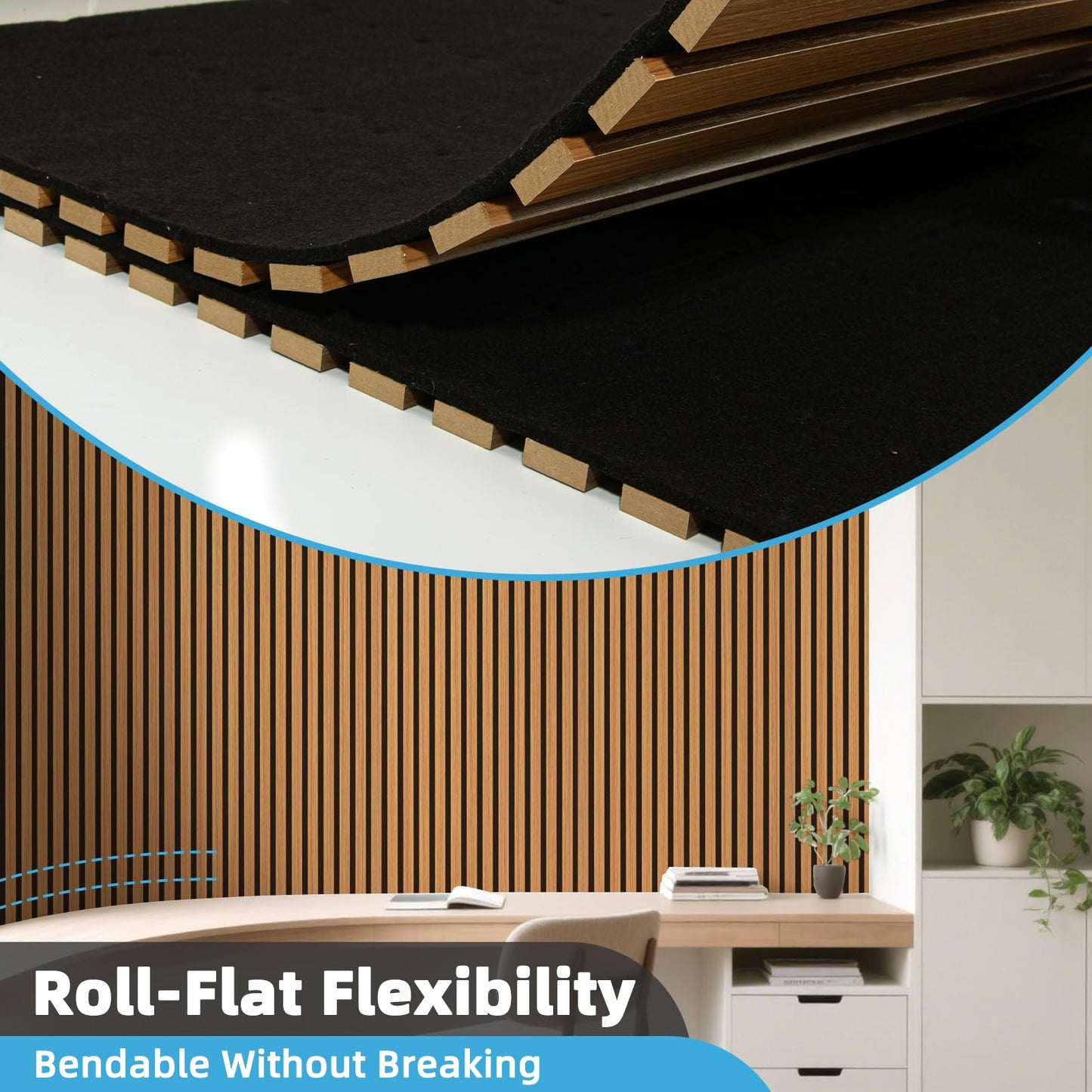 Art3d 2-Pack Acoustic Wood Slat Wall Panel with Roll-Flat Design - 95.3 x 23.8 Inch Sound Absorbing Panels for Living Room Columns Corridor Curved Wall Decor, Teak