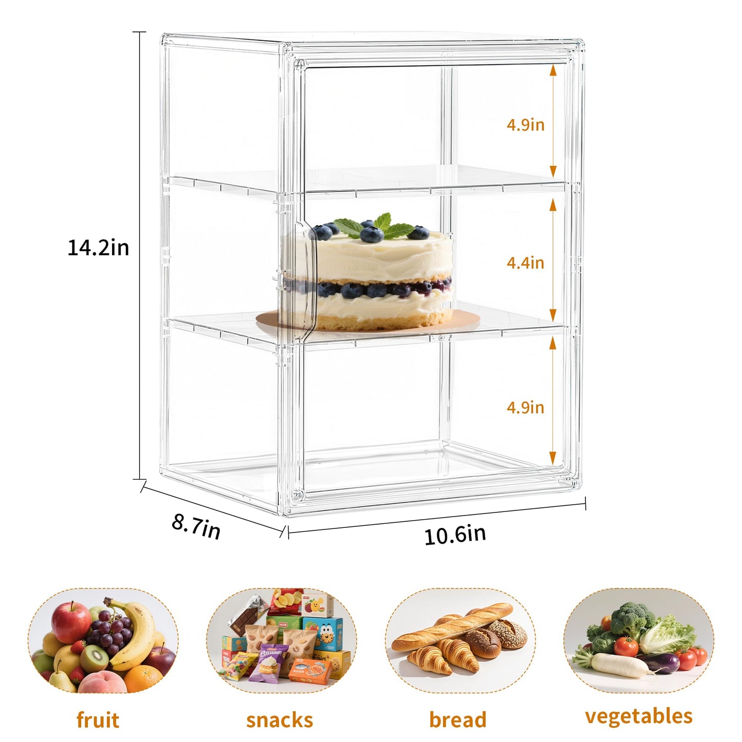 SANKEU Bakery Pastry Display Case 3 Layer Large Clear Bread Box For Kitchen Countertop Bread Storage For Homemade Bread, 10.6" L x 8.7" W x 14.2" H, 1 Pack