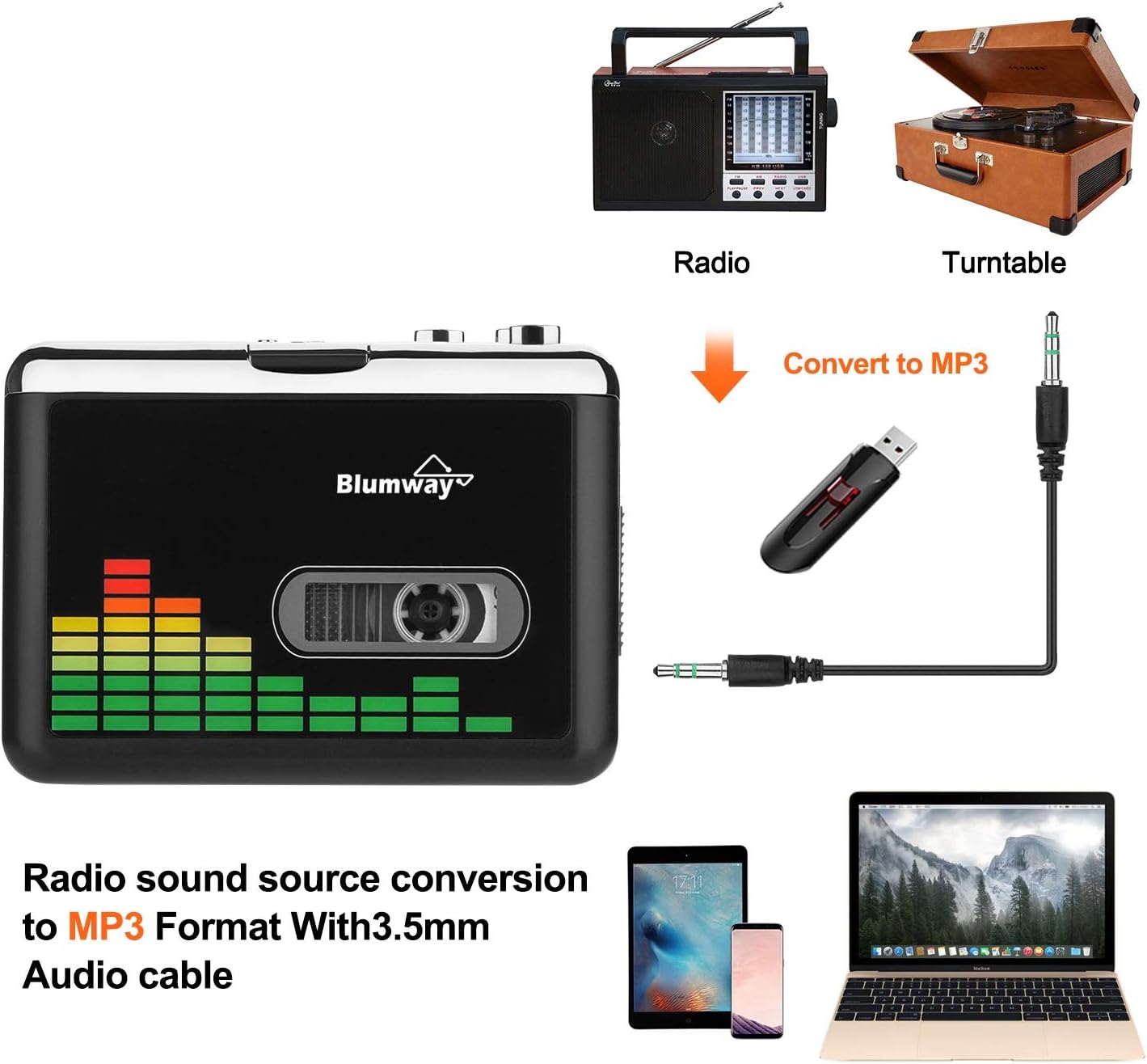 BlumWay Cassette MP3 Cassette MP3 Cassette USB to Converter, Portable Tape Player to Format, Audio Music Tape