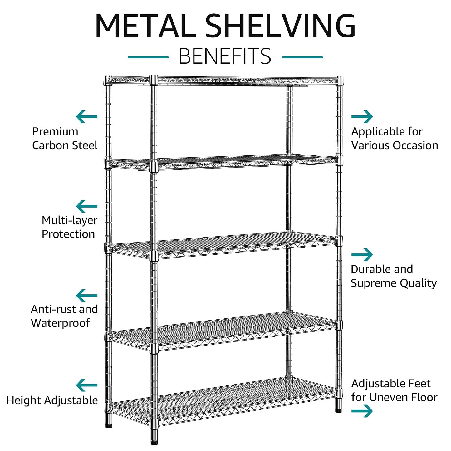 IZEUK 4250 LBS Garage Shelving Wide Storage Shelves 5 Tier Metal Shelves Heavy Duty Adjustable Utility Shelf Rack Chrome 17.7" D x 59.1" W x 70.4" H