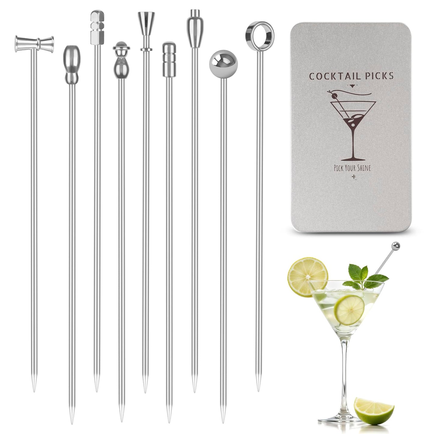 Metal Martini Cocktail Picks 9 Pcs, 4.1 in Olive Skewers Stainless Steel, Martini Garnish Sticks Reusable, Metal Toothpicks for Drinks, Appetizers, Bar Accessories Gift for Bartenders - Sliver