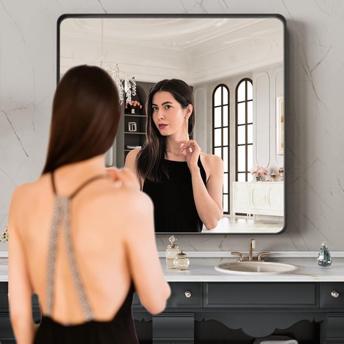 LOAAO Black Metal Framed Bathroom Mirror - 28x32 Inch, Matte Black, Anti-Rust, Versatile Hanging Options