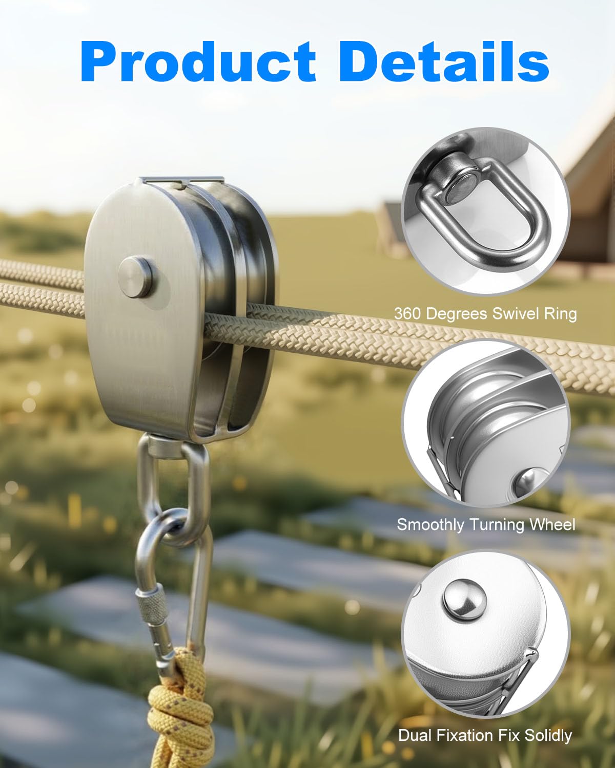 Rocaris 4 Pcs M50 Lifting Double Pulley Block 304 Stainless Steel Crane Swivel Hook Double Pulley Roller Loading