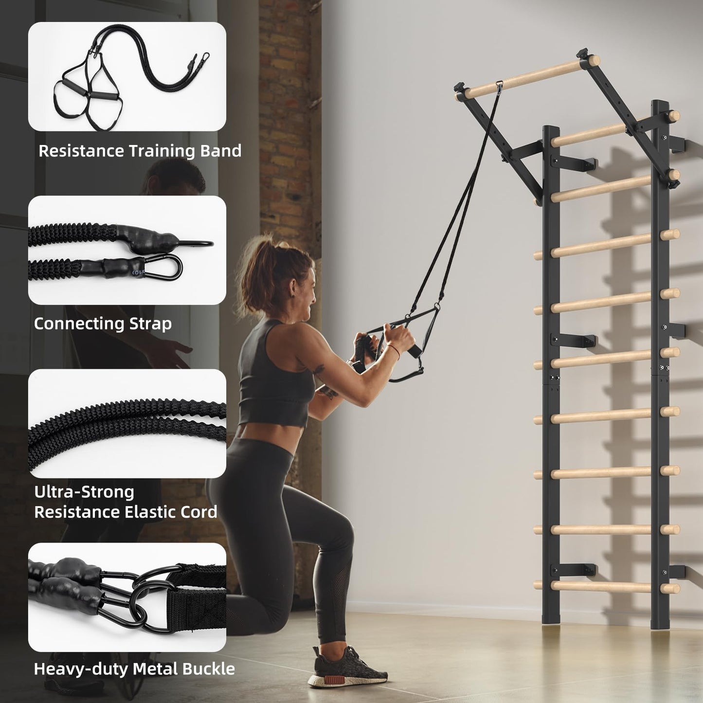 Swedish Ladder, Wood Stall Bar with Suspension Trainer Straps, Pull-Up Dip Bar Attachment, Strategic Rods, for Home, School, hysical Therapy and Gymnastics, Upgrade Installation