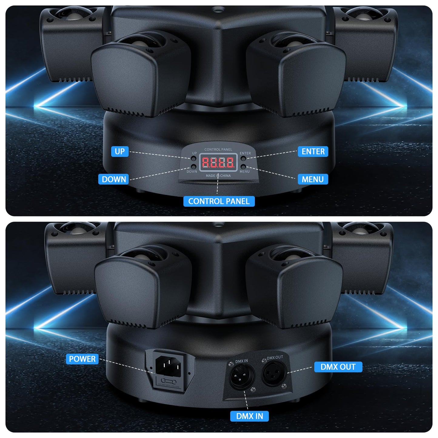 Moving Head DJ Lights 120W 6 Arms 4 in 1 Stage Lights with RGBW Beam,Red Green Starry,Pattern Projection Strobe Effects,Sound Activated DMX512 & Remote for Party Disco Club Wedding Bar