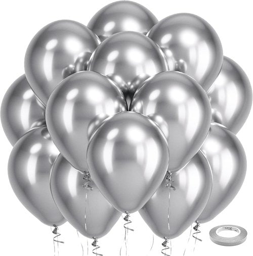 Bezente Silver Metallic Chrome Balloons - 12 Inch Round Helium Balloons, 100 Pack for Celebrations