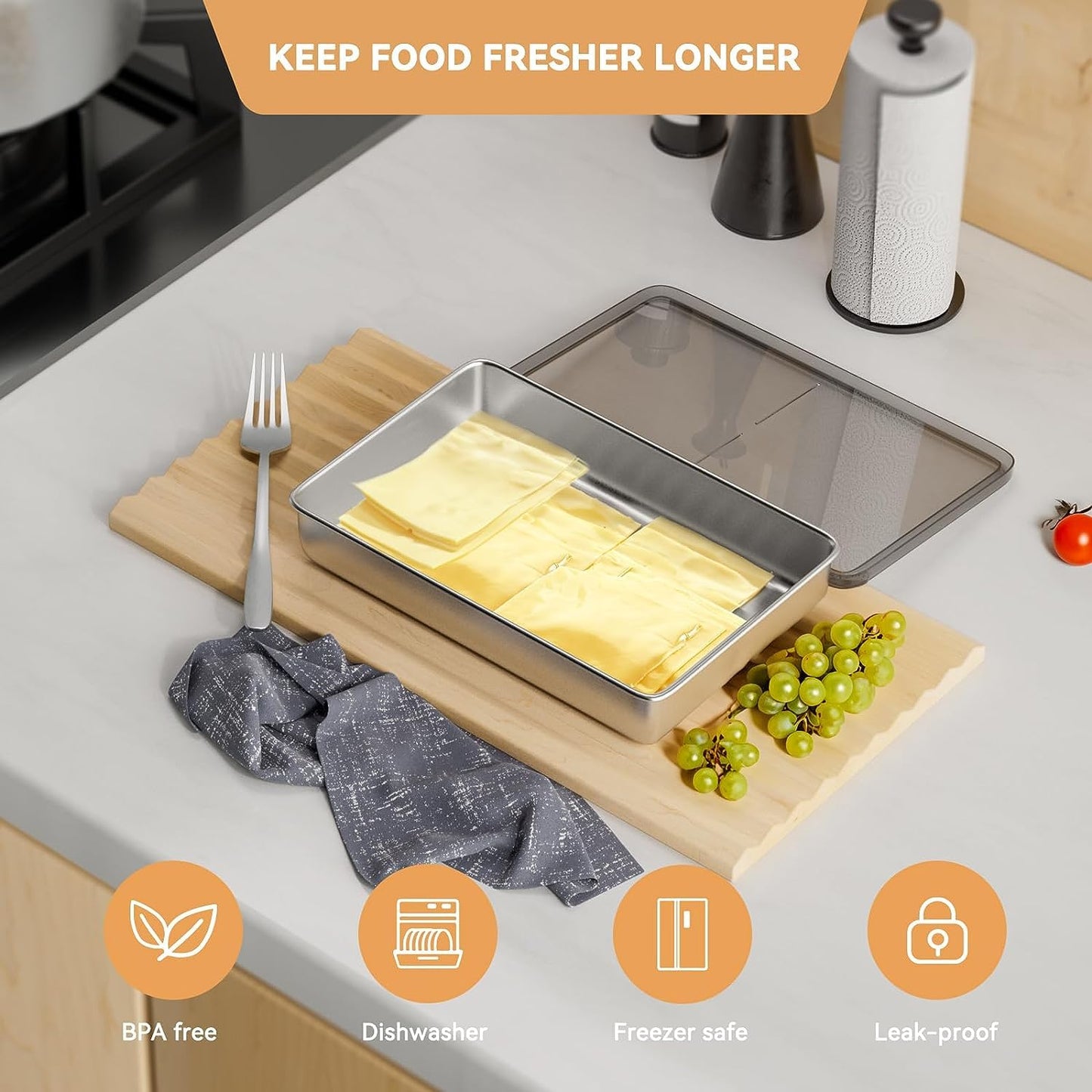 Freshmage Cheese Container for Refrigerator 2 PCS, Stainless Steel Airtight Deli Meat Storage Containers for Fridge Dishwasher Safe Kitchen Fridge Organizers and Storage with Elevated Base……