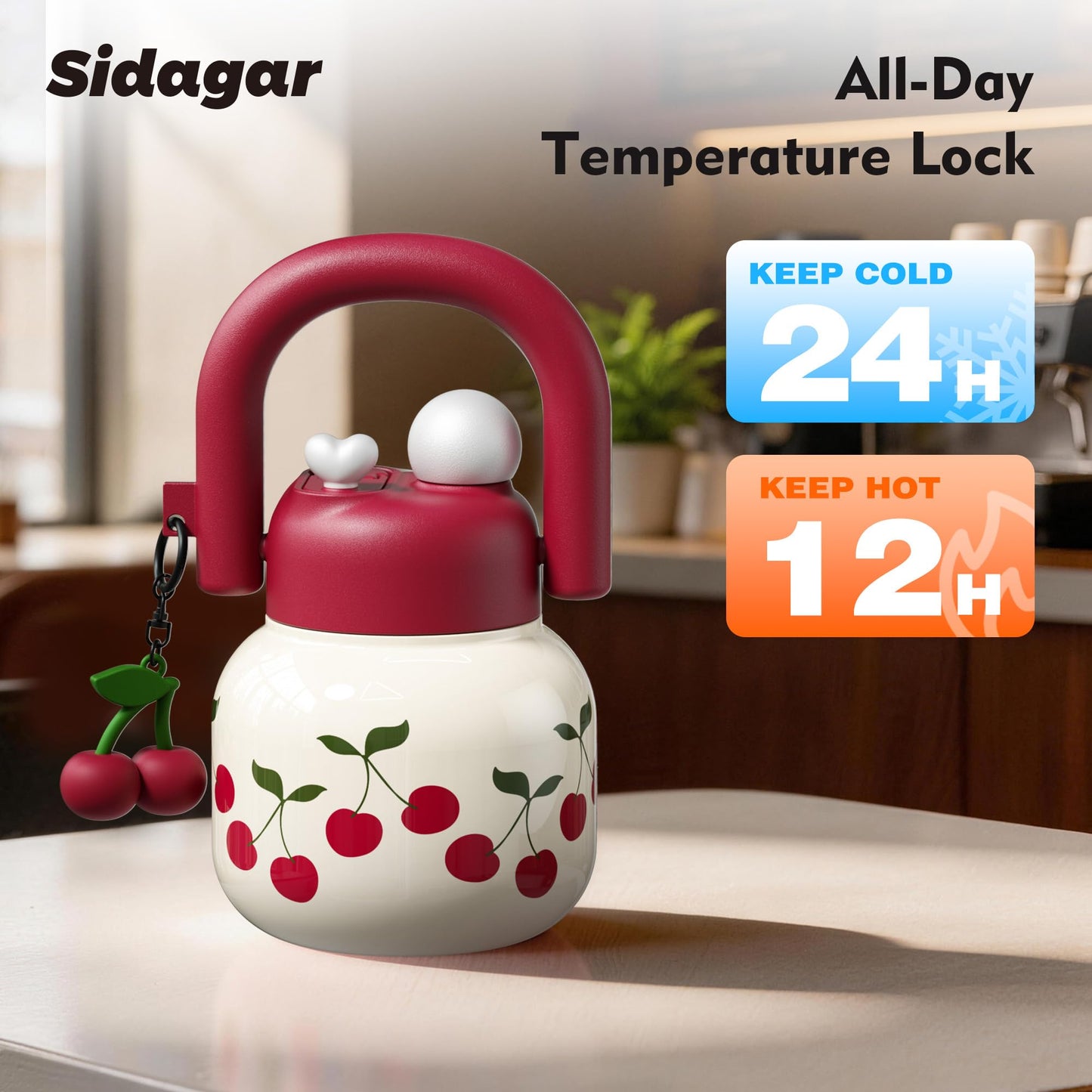 Sidagar 22 oz Tote Water Bottle with Straw and Carry Handle, Wide Mouth Vacuum Insulated Stainless Steel Tumbler, Travel Water Jug for Women Easy Carry, Cherry