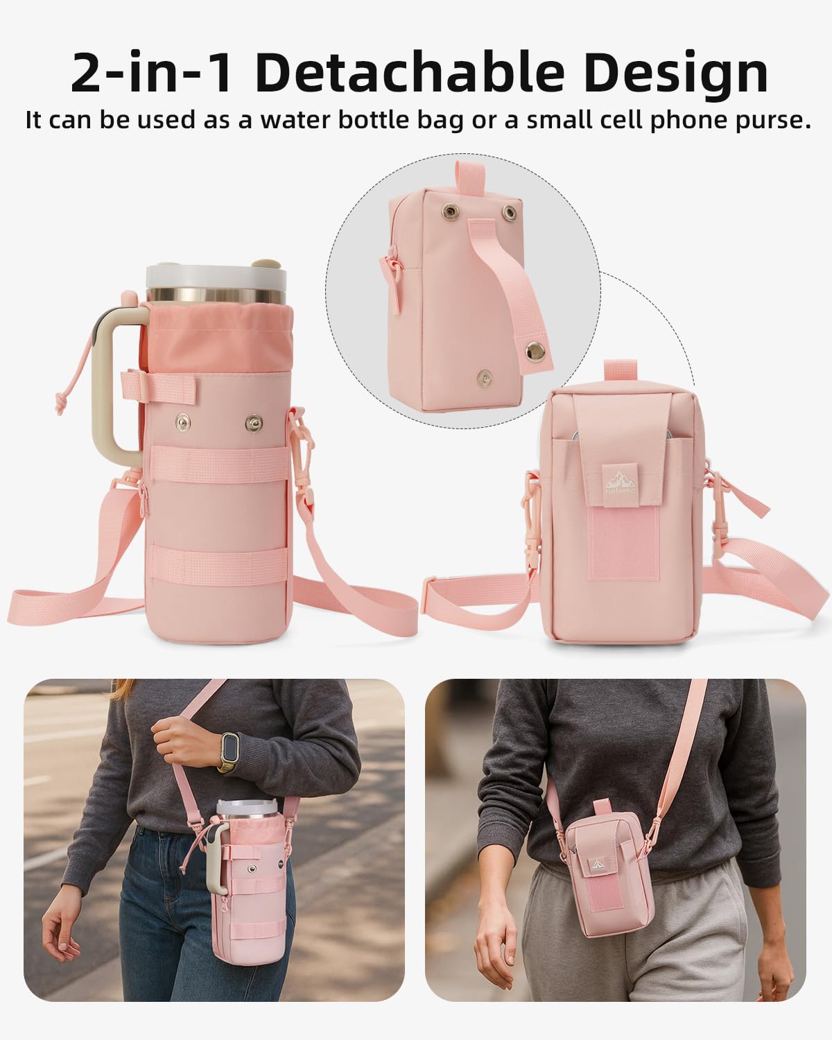 Nefeeko Magnetic Water Bottle Bag, Bottle holder for Gym – Detachable 2-in-1 Design | Fits 40OZ Bottles | Durable Oxford Fabric | Ideal for Fitness/Golf/Tennis/Hiking (Pink)