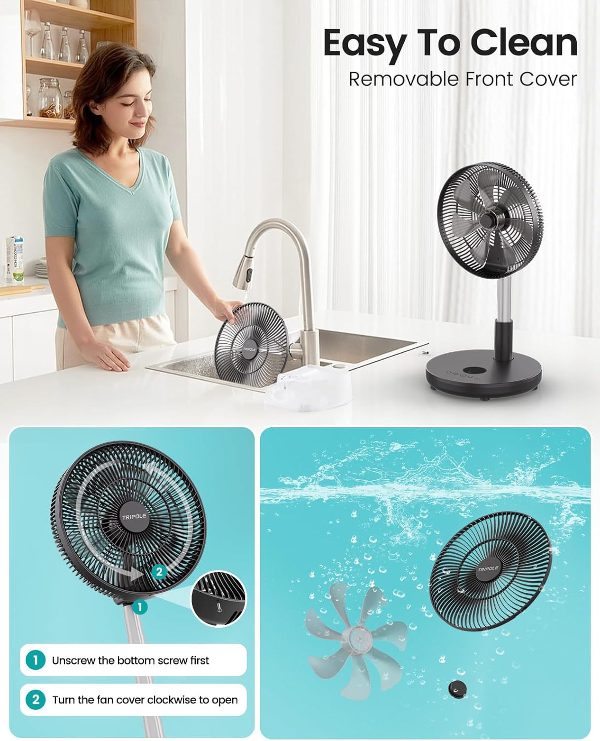 TriPole 12" Portable Rechargeable Standing Fan - Foldable Design, Remote Control, 6 Speeds, Adjustable Height, Black