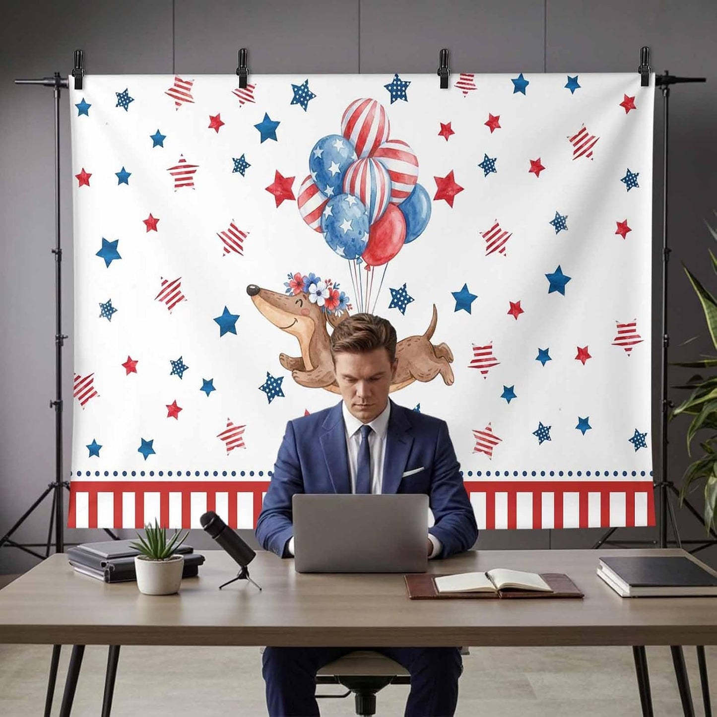 Generic 10 8 Independence Day Photo Backdrop for Photoshoot, x FT Flag Day Sausage Dog Blue Red Star Balloon Photo
