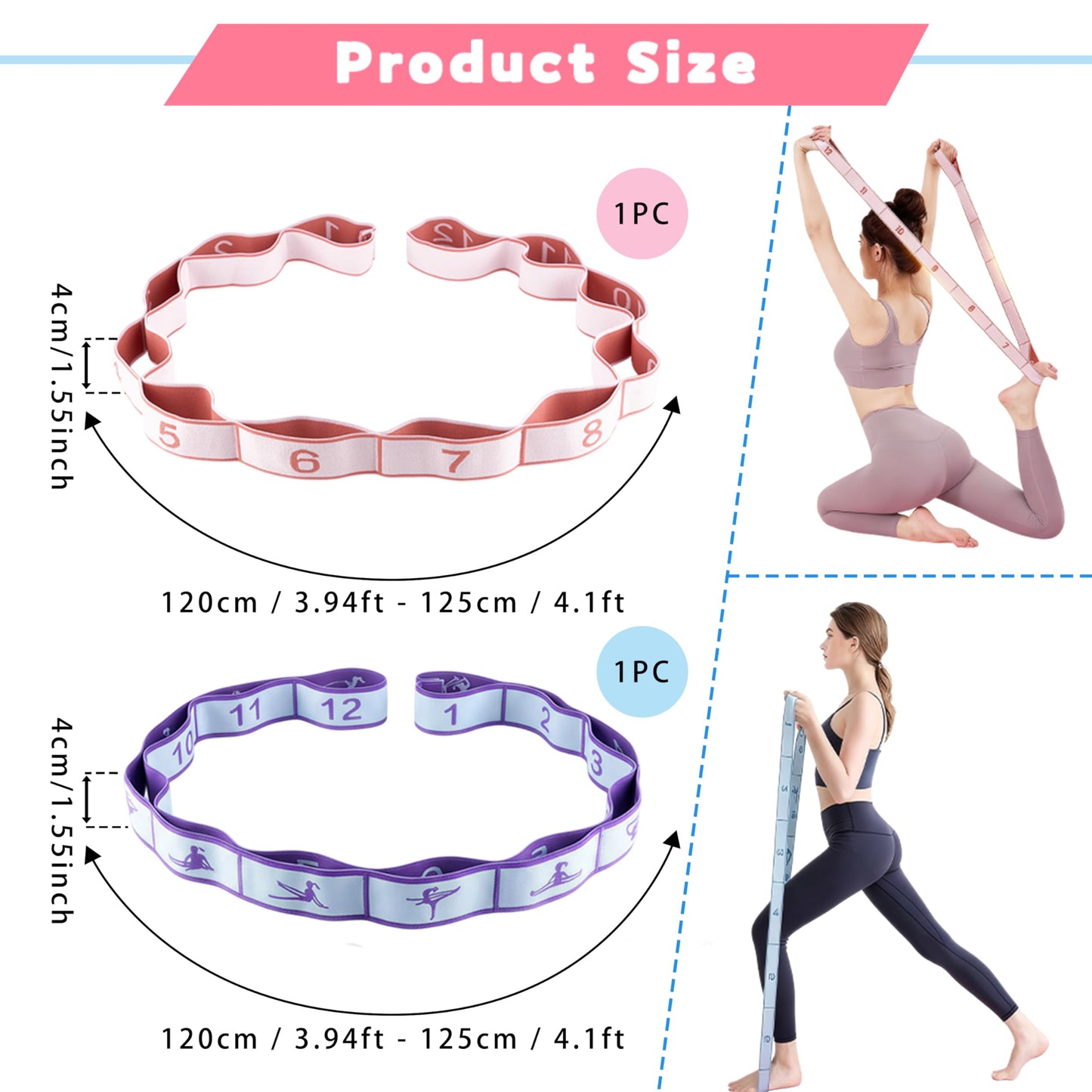 2PCS Elastic Yoga Stretching Strap with 12 Loops Stretch Resistance Exercise Bands for Yoga,Pilates,Dance,Rhythmic Gymnastics,Physical Therapy,Ballet Couple Style