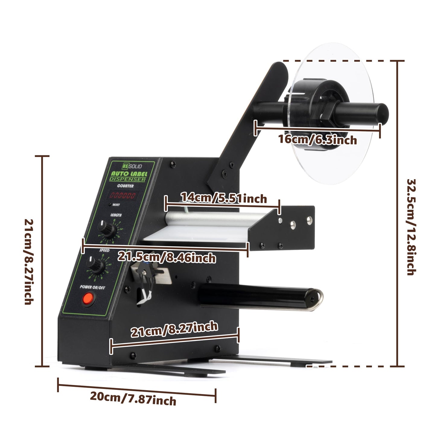 U.S. Solid Automatic Label Dispenser | Multi-Row Auto Counting 0-999999 | Label Width 0.16-5.51 in, Length 0.12-5.91 in | Adjustable Speed