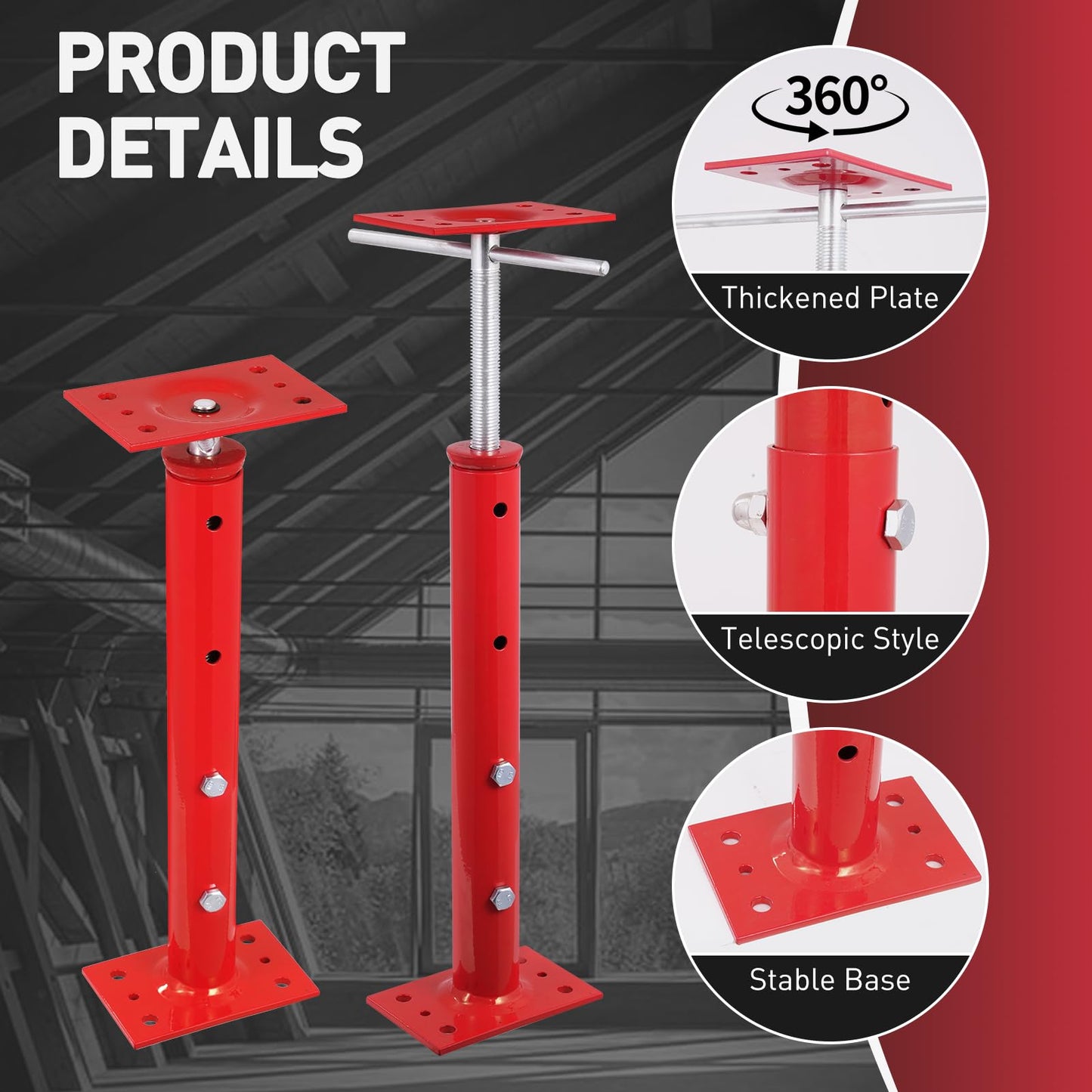 Hocamel 4 Pack House Jacks for Leveling 19''-36''Adjustable Support Jack,17636LBS Max Capacity Each Screw Pole Jack,for Temporary Support for Leveling-Red