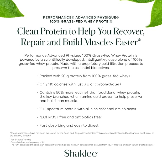 Shaklee - Performance® Advanced Physique® 100% Grass-Fed Whey Protein: Fast-Absorbing Formula - 20g Protein 110 Calories - Vanilla - 20 Servings