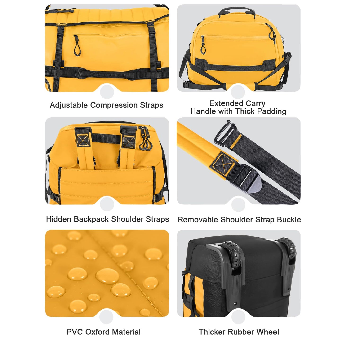 Vrtisa 85L 29“ Foldable Rolling Backpack with Wheels, Soft-side Travel Duffle Bag with Separate Shoe Compartment, Full Quilted Bottom, Yellow