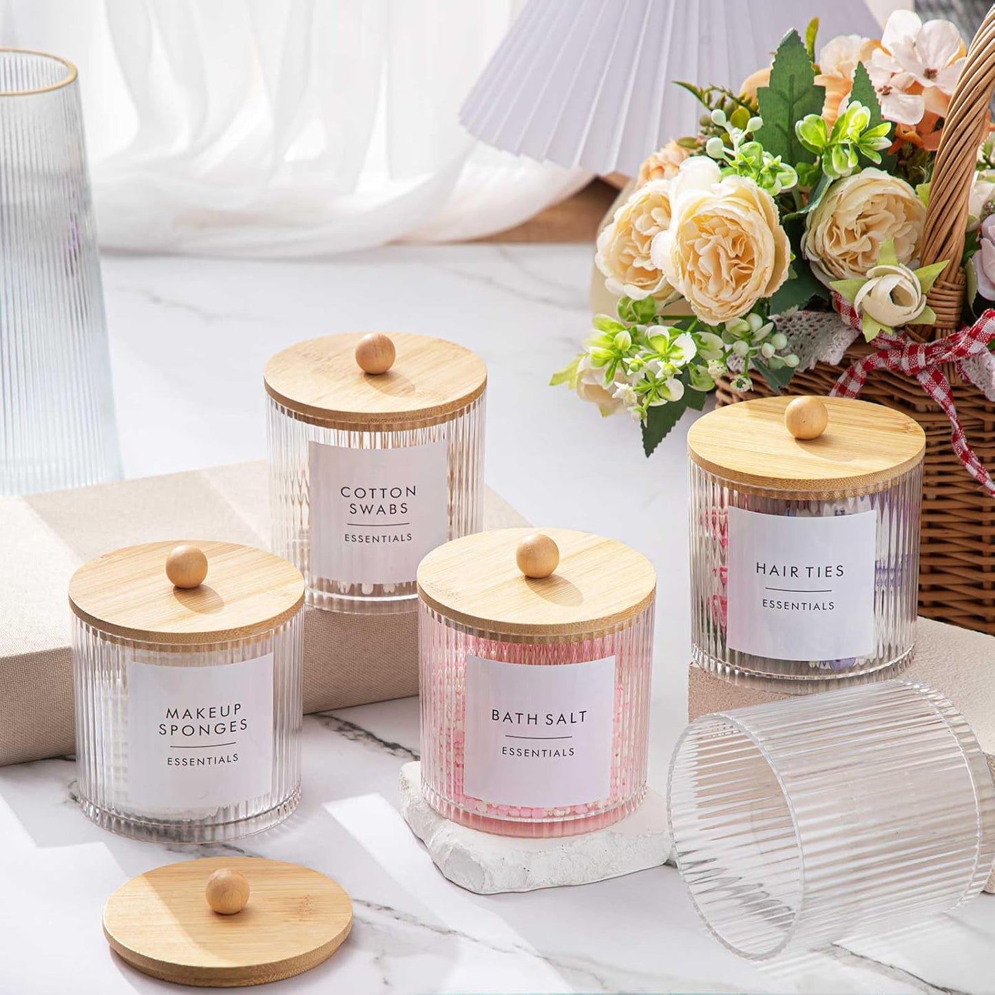 Yaomiao Ribbed Bathroom Canisters - 6 Pcs Apothecary Jars with Bamboo Lids & Labels | 18 oz Plastic Storage