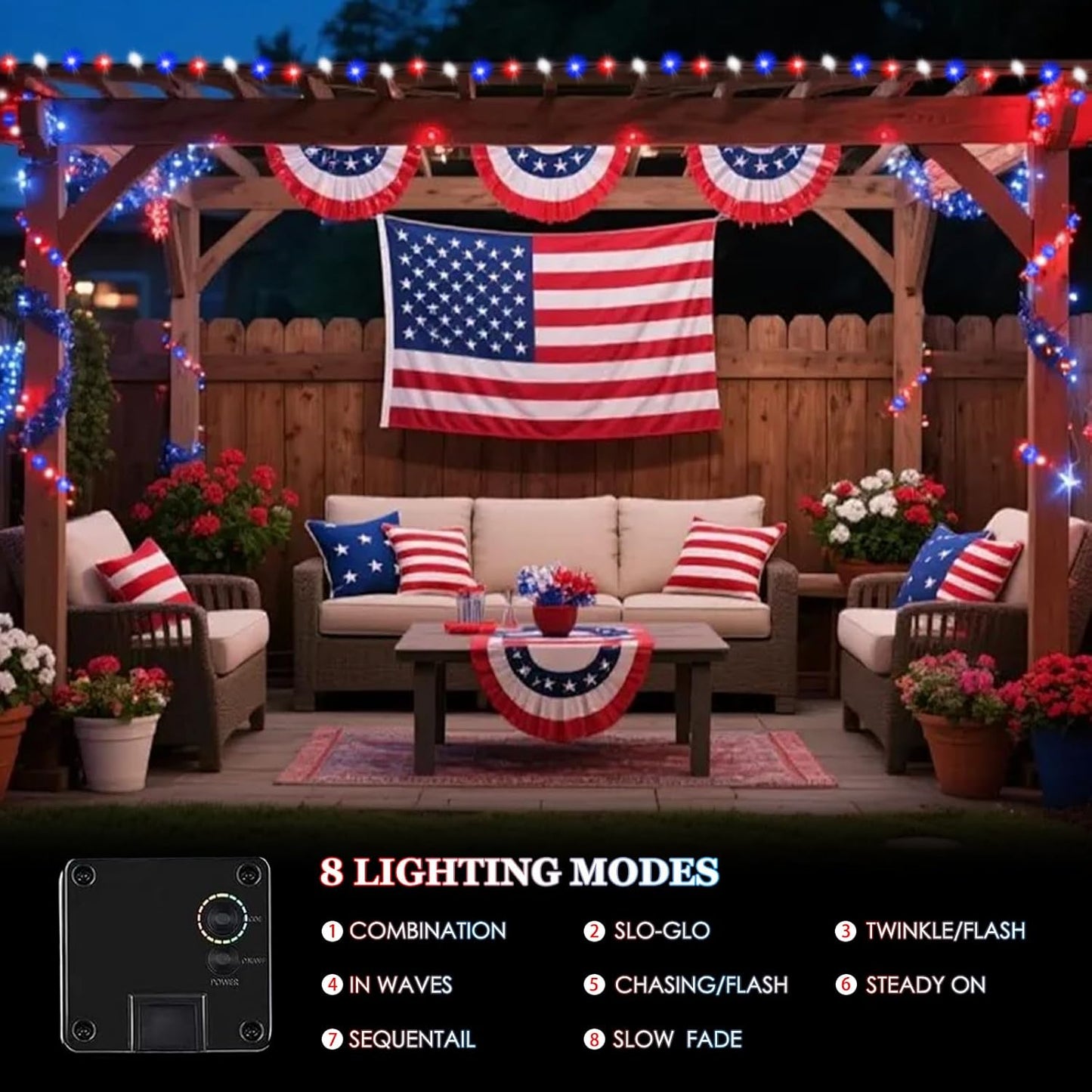 Skiennix 4th of July Outdoor Decorations - 4-Pack Red, White & Blue Solar String Lights | 400 LED, 132FT, Waterproof