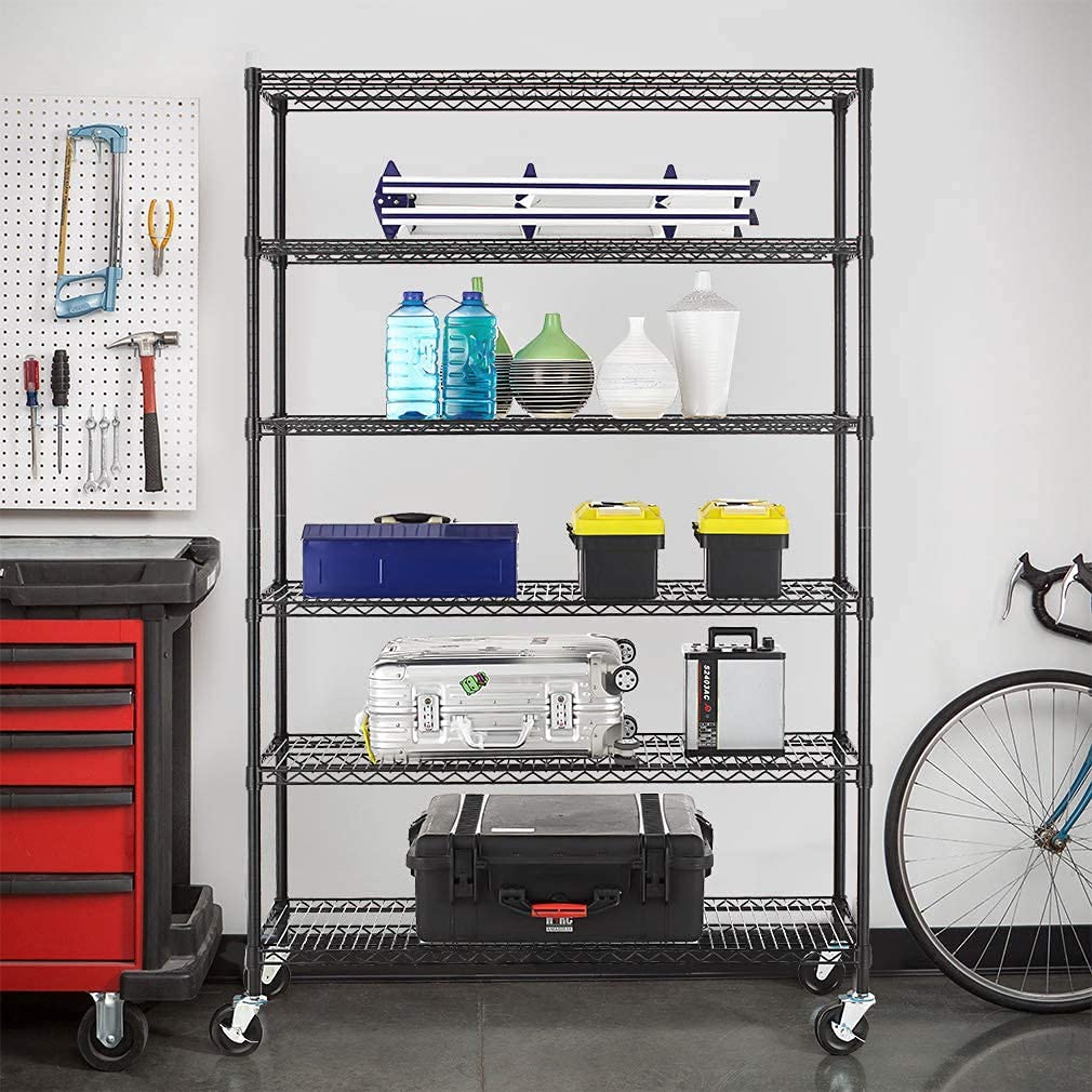 Generic 6-Tier Storage Shelves Wire Shelving with Wheels Heavy Duty Metal Shelves Tall Steel Shelving Units Adjustable 6000lbs Capacity Rolling Shelf Racks for Restaurant Garage Pantry Kitchen, Black