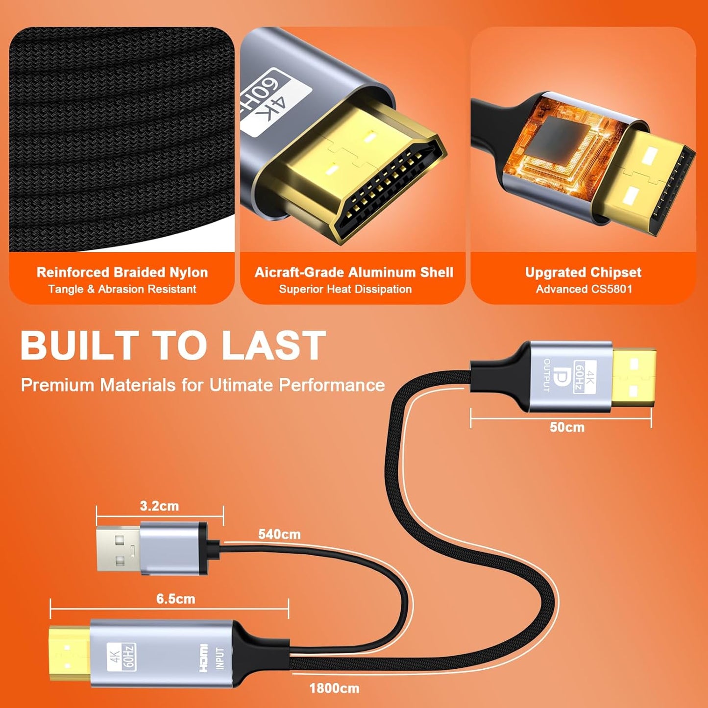 Coreprin 6 4K@60Hz PS5, HDMI to DisplayPort Adapter, feet Active HDMI to DP Braided Cable, Uni-Directional HDMI to DP