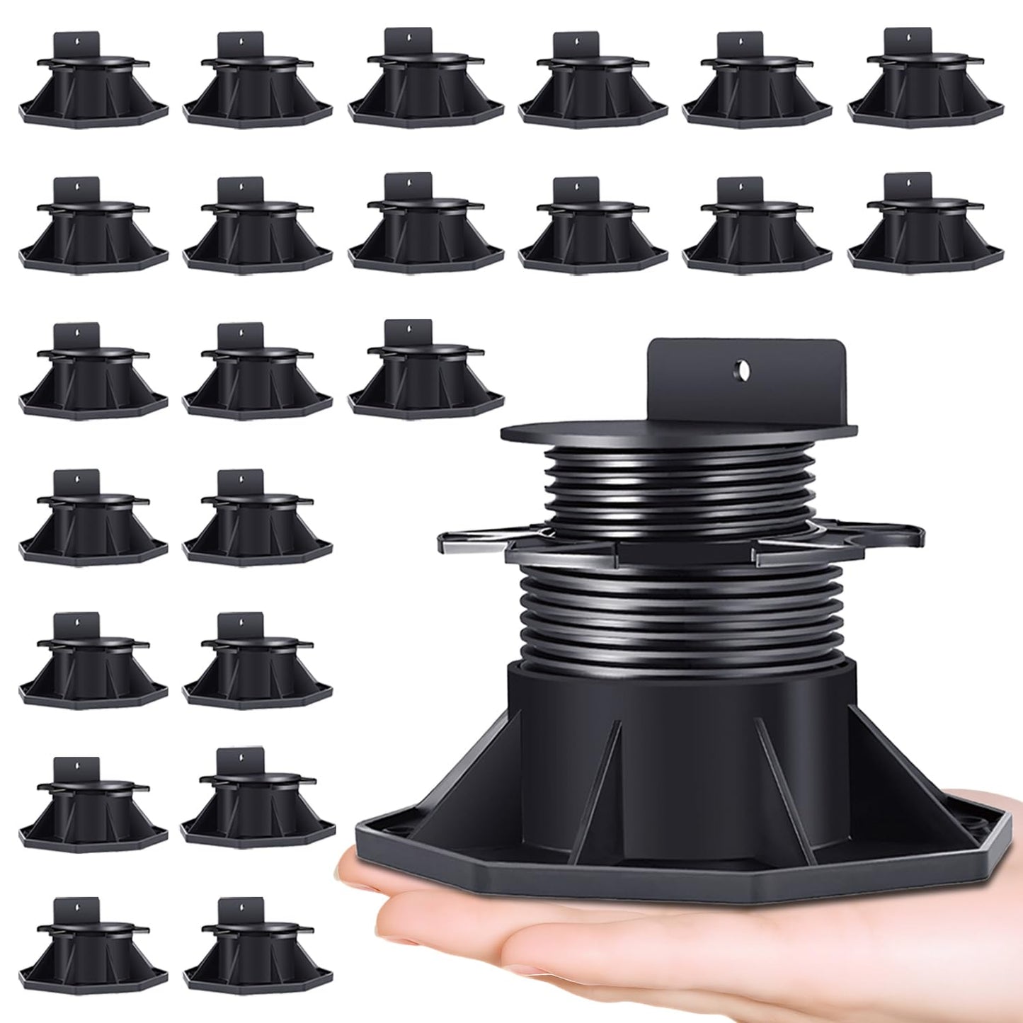 24 Pack Adjustable Deck Support Pedestal Deck Foundation Base Support，Used for Floating Deck Platform Deck Floor Height Adjustment Raising, Adjustment Raising from 2-3/8" to 5-1/2", Black