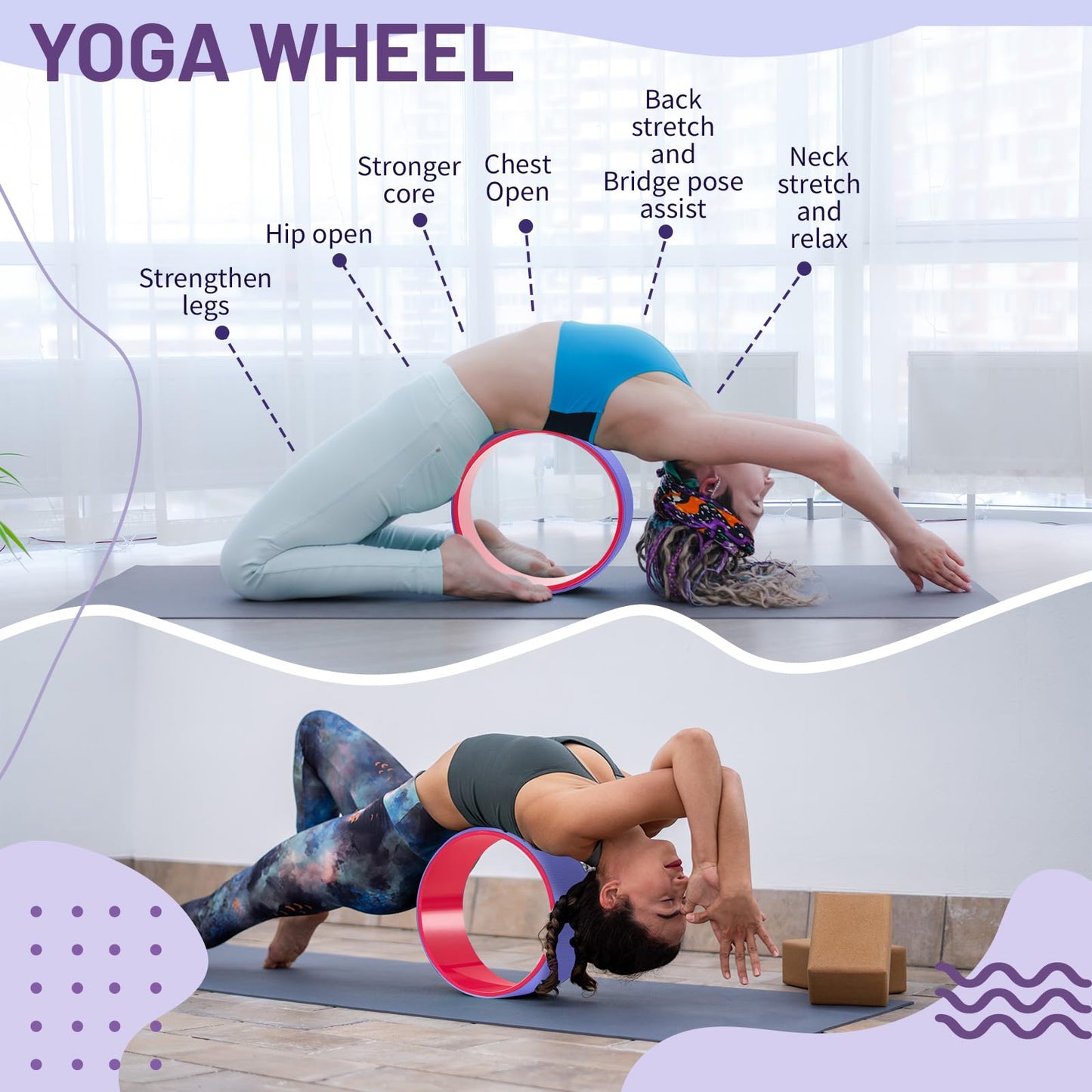 Simgoing 3 Pack ABS Yoga Wheel Set 660 Lbs Foam Roller for Back Pain & Stretching Back Wheel for Massage, Purple and Pink Set