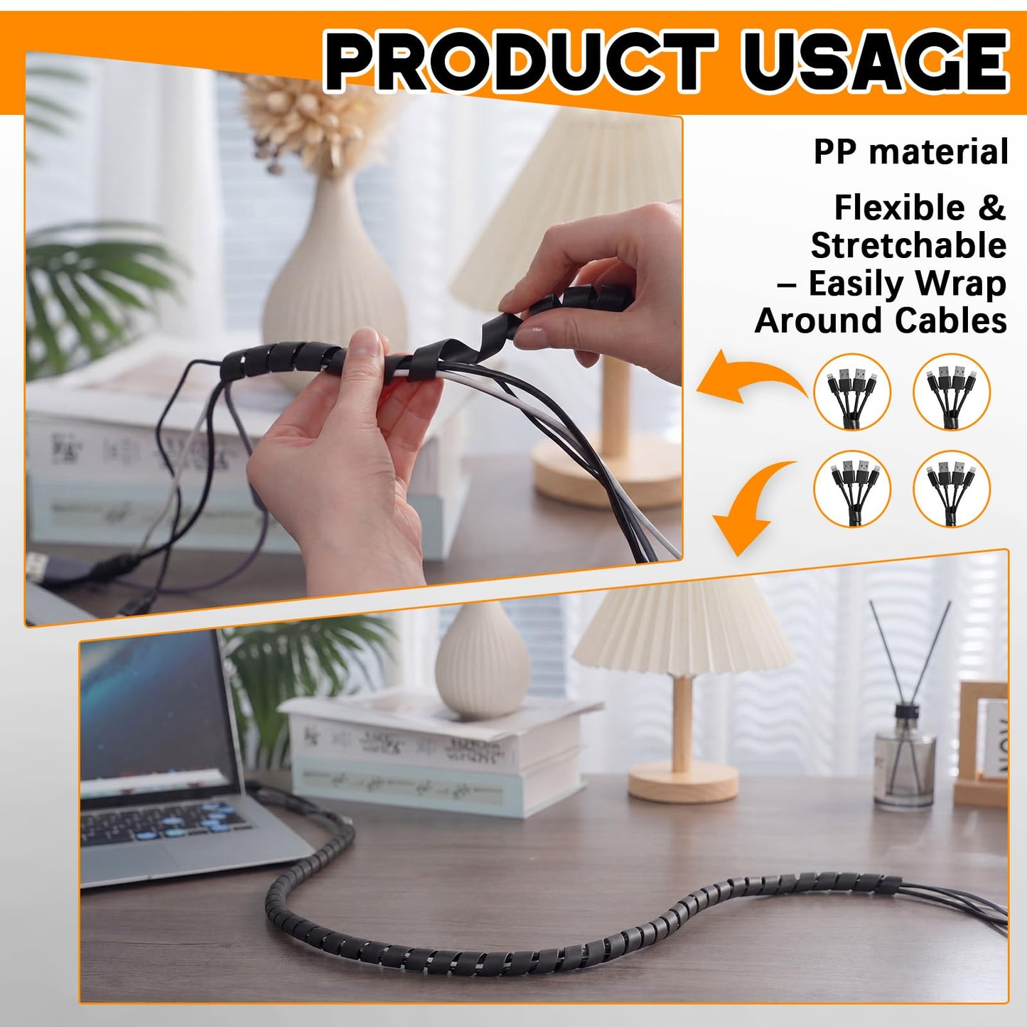 Innconee 4 Pcs Spiral Wrap Cable Protector, Safe 1/4"+3/8"+1/2"+3/4" Od x 50 ft Pre Cut Lengths Hydraulic Hose Protector Wrap to Avoid Wear and Extend Life for Hydraulic Pneumatic Hoses (Black)